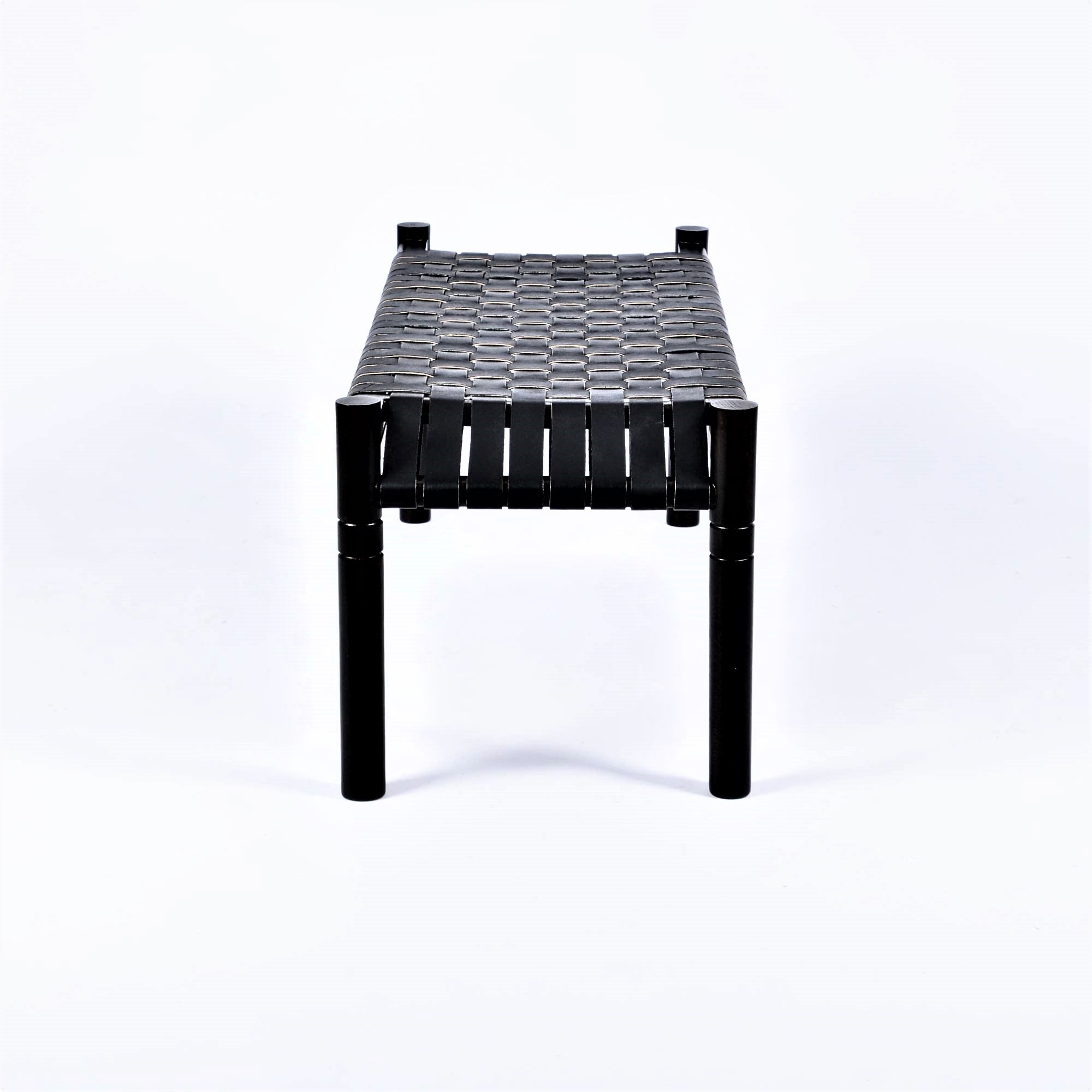 Hilda Woven Leather Bench Black Teak Wood With Black Strap Leather