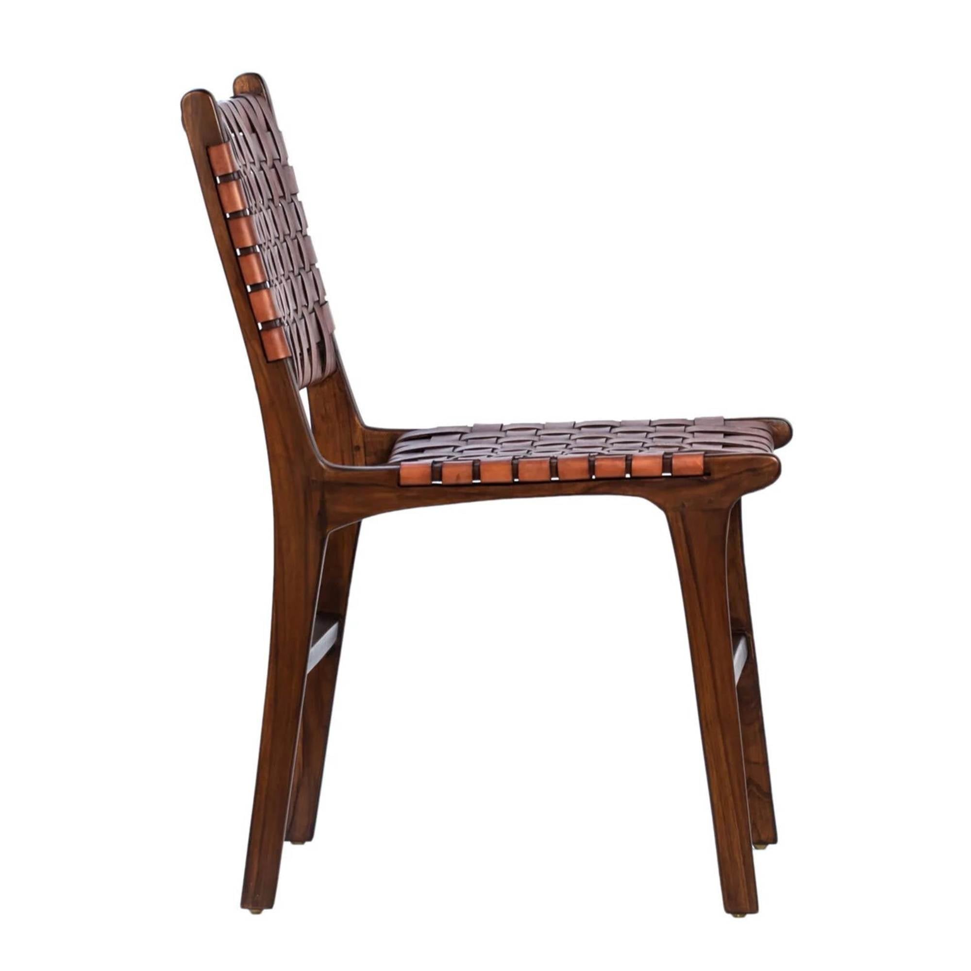 Sculpted teak wood frame of Ljus dining chair, highlighting solid construction.