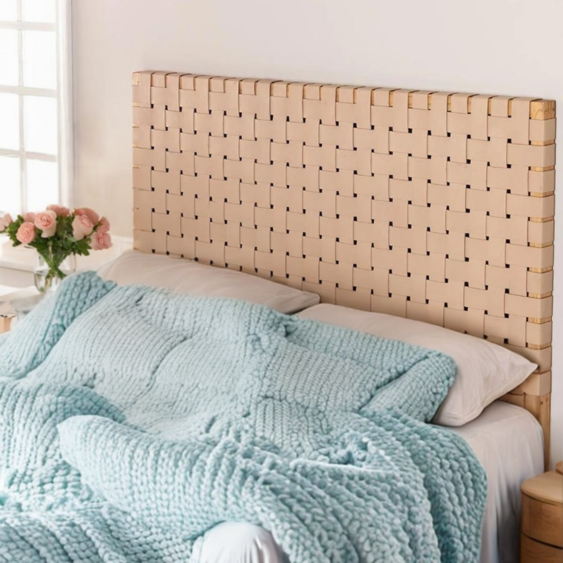 leather headboard Side profile of an artisan strap woven highlighting its bespoke craftsmanship.