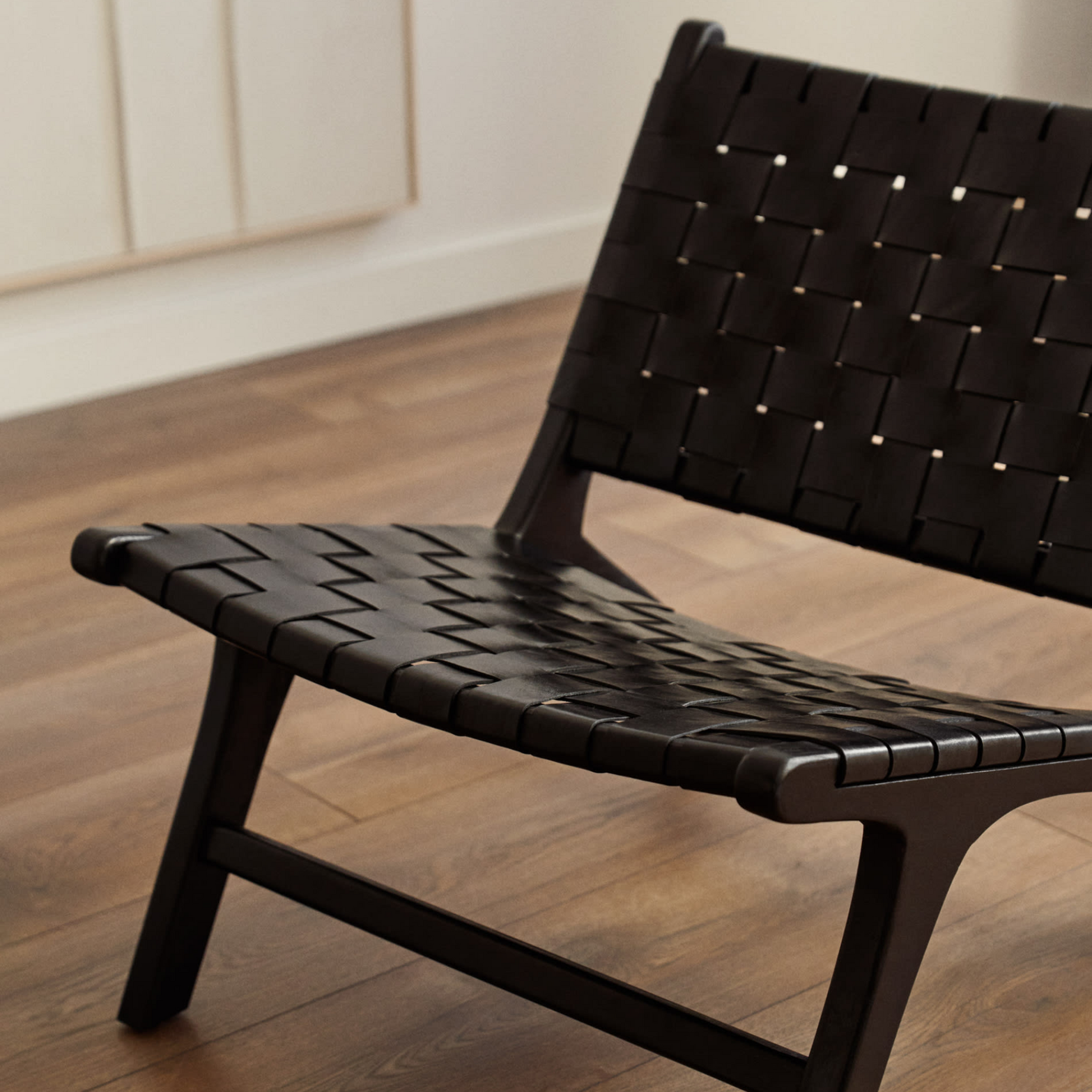 Handcrafted Woven Leather Lounge Chair - Teak Wood & Full-Grain Leather - Black