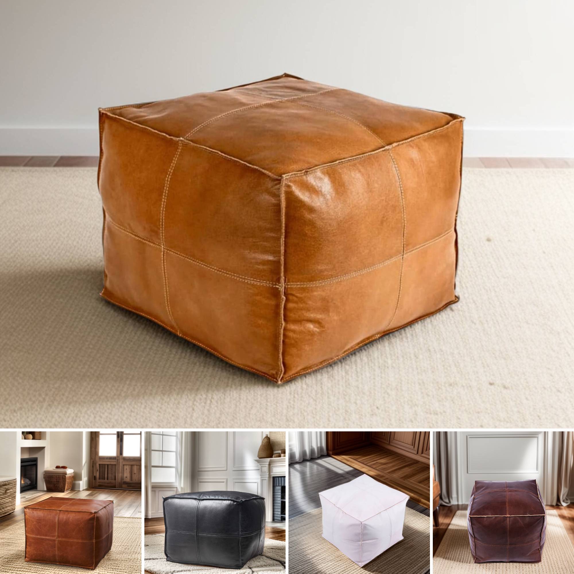 Premium Square Leather Pouf Five Color Variations