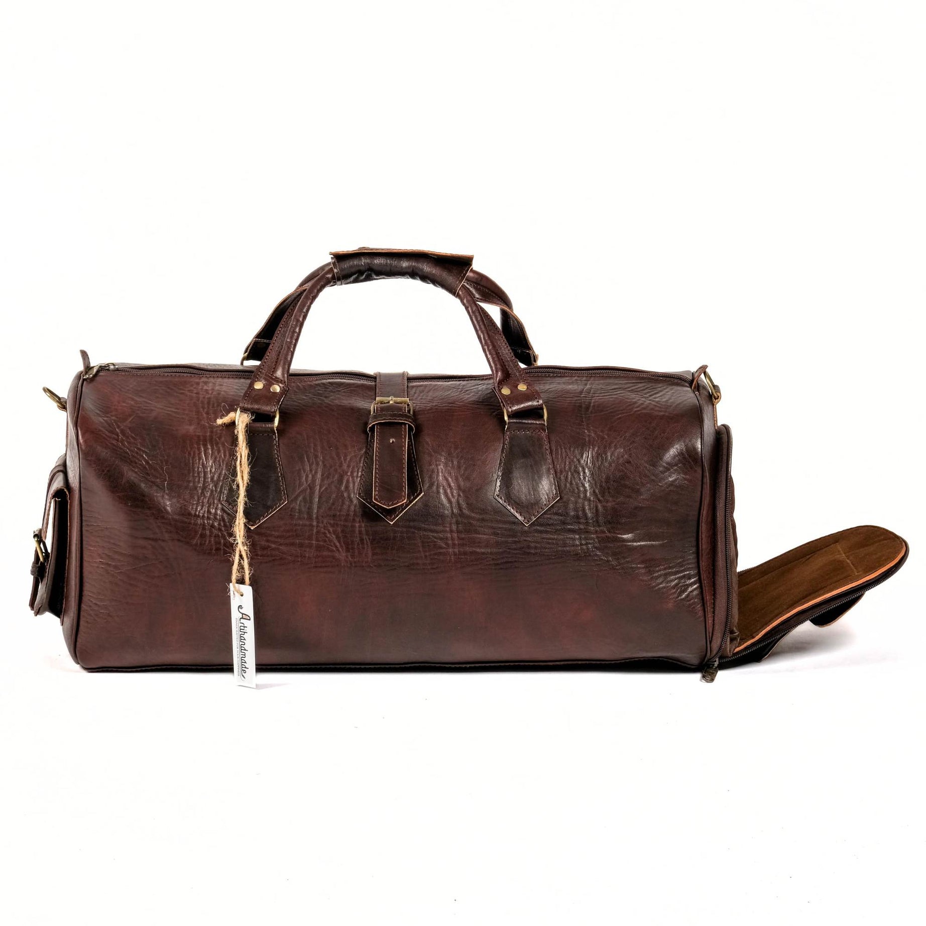Leather Duffel Bag With Shoes Compartment- Dark Brown