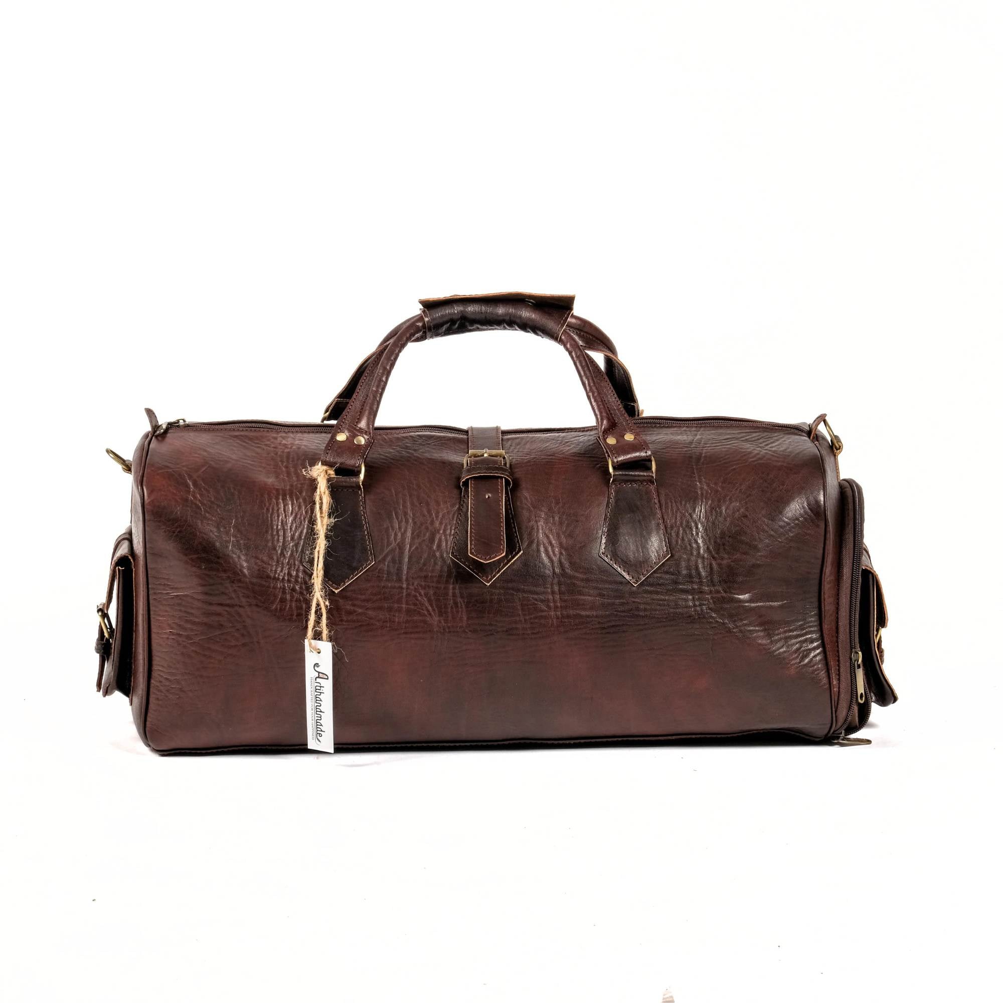 Leather Duffel Bag With Shoes Compartment- Dark Brown