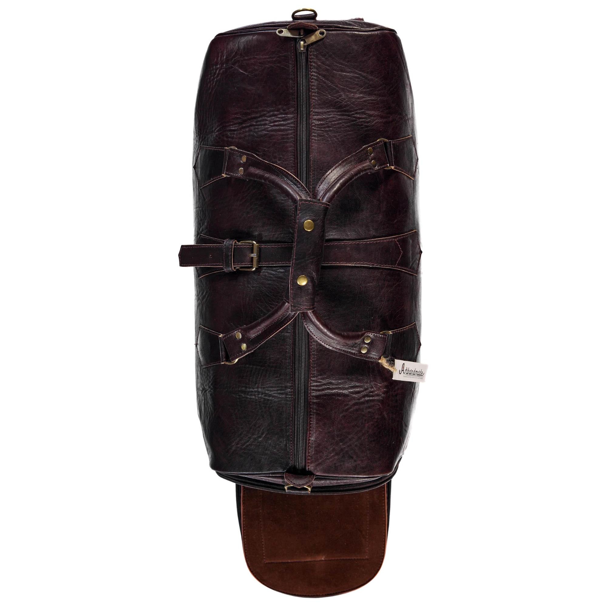 Leather Duffel Bag With Shoes Compartment- Dark Brown