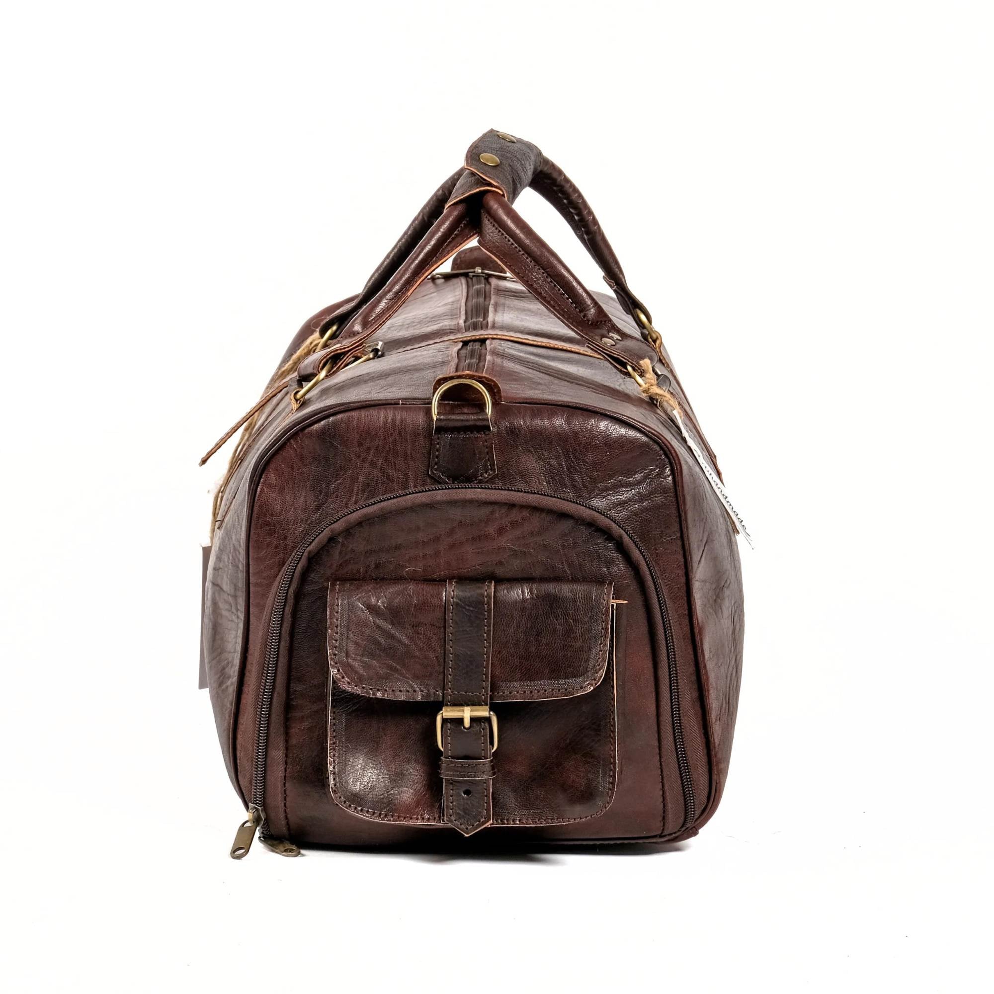 Leather Duffel Bag With Shoes Compartment- Dark Brown