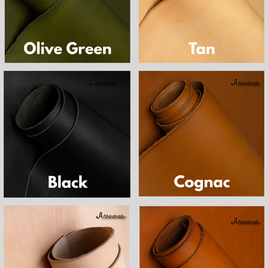 Six swatches of leather in different colors with labels.