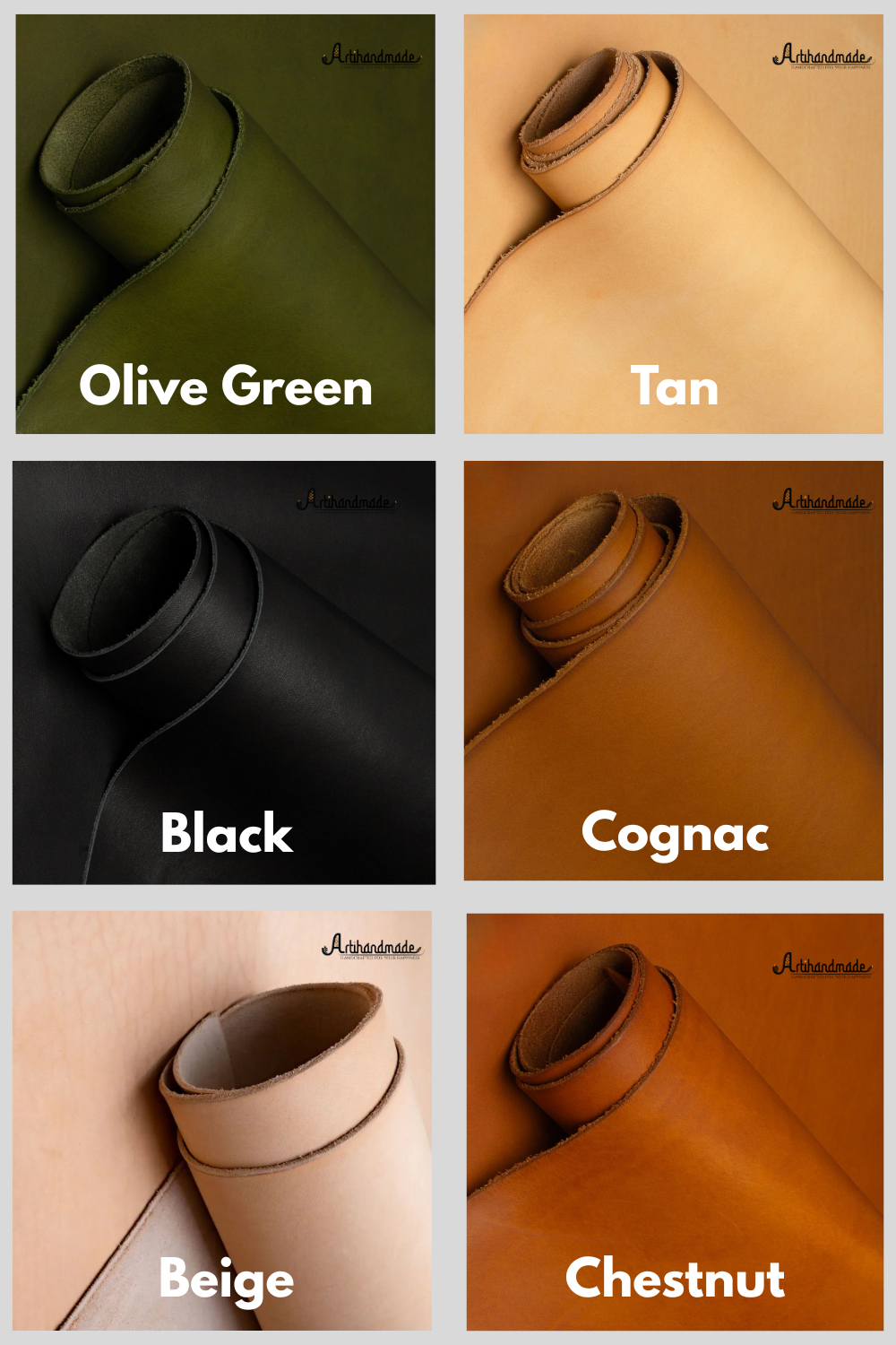 Six swatches of leather in different colors with labels.