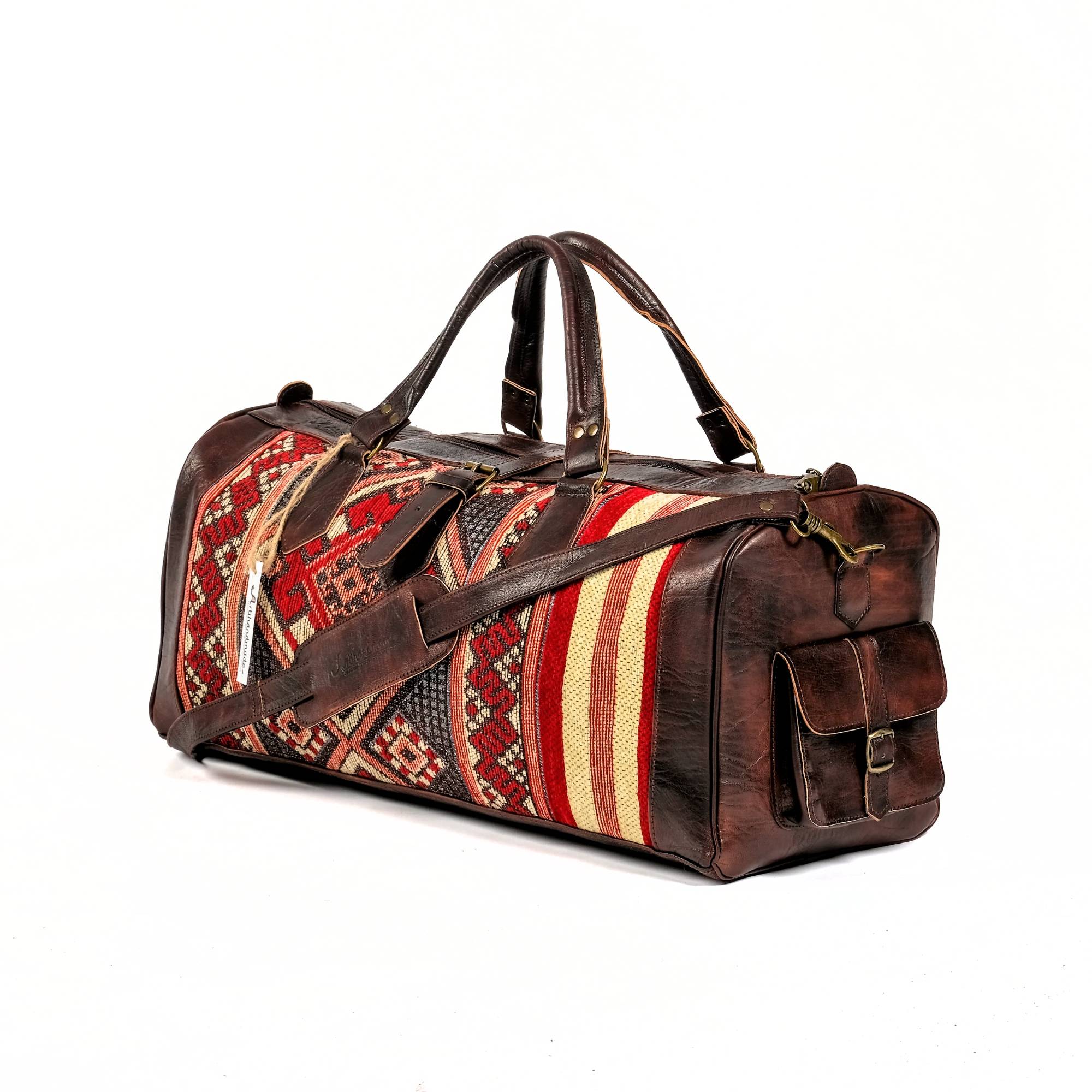 Artisan Leather Kilim Travel Duffel Bag - Dark Brown