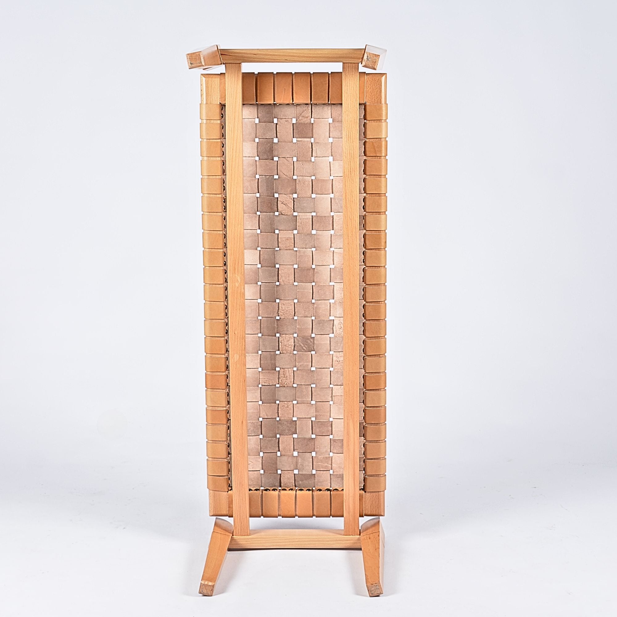 Leif Woven Leather Bench Varnished Teak Wood With Strap Beige Leathe Artihandmade