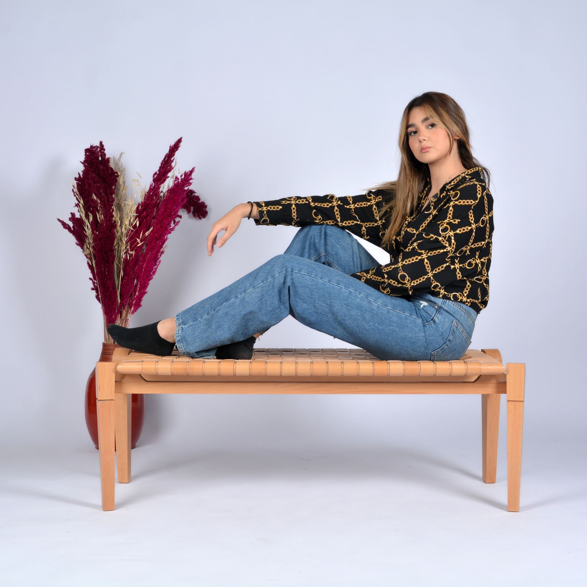 Woven Leather Bench-Beige