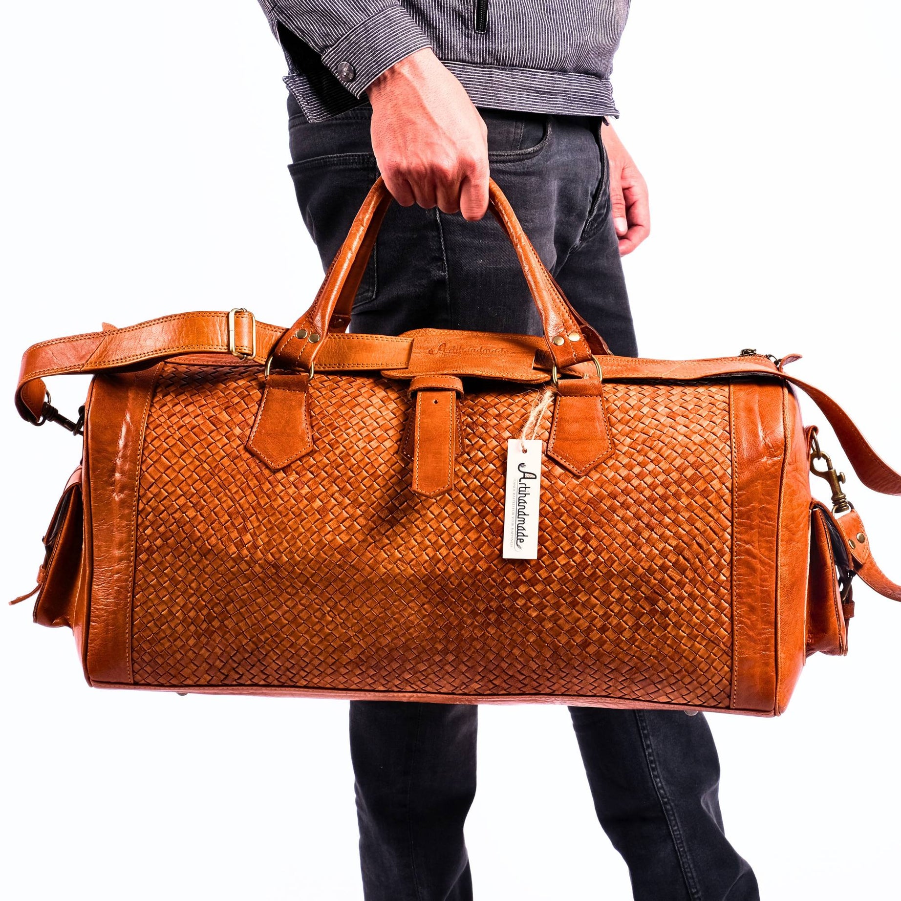 designer travel duffel bag Leather Duffel Bag, Handwoven Cognac Leather, Luxury Travel Bag, Medium