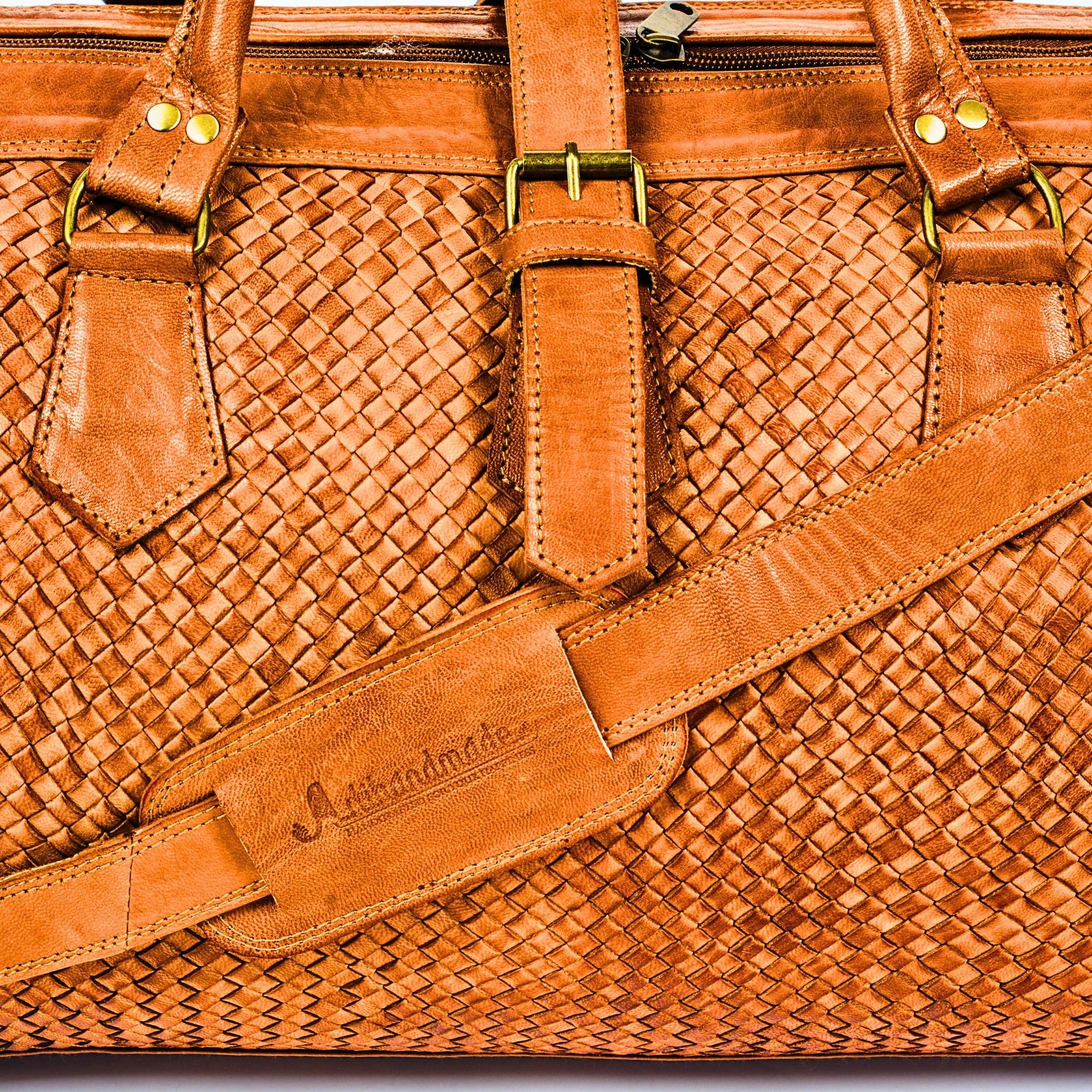 Leather Duffel Bag, Handwoven Cognac Leather, Luxury Travel Bag