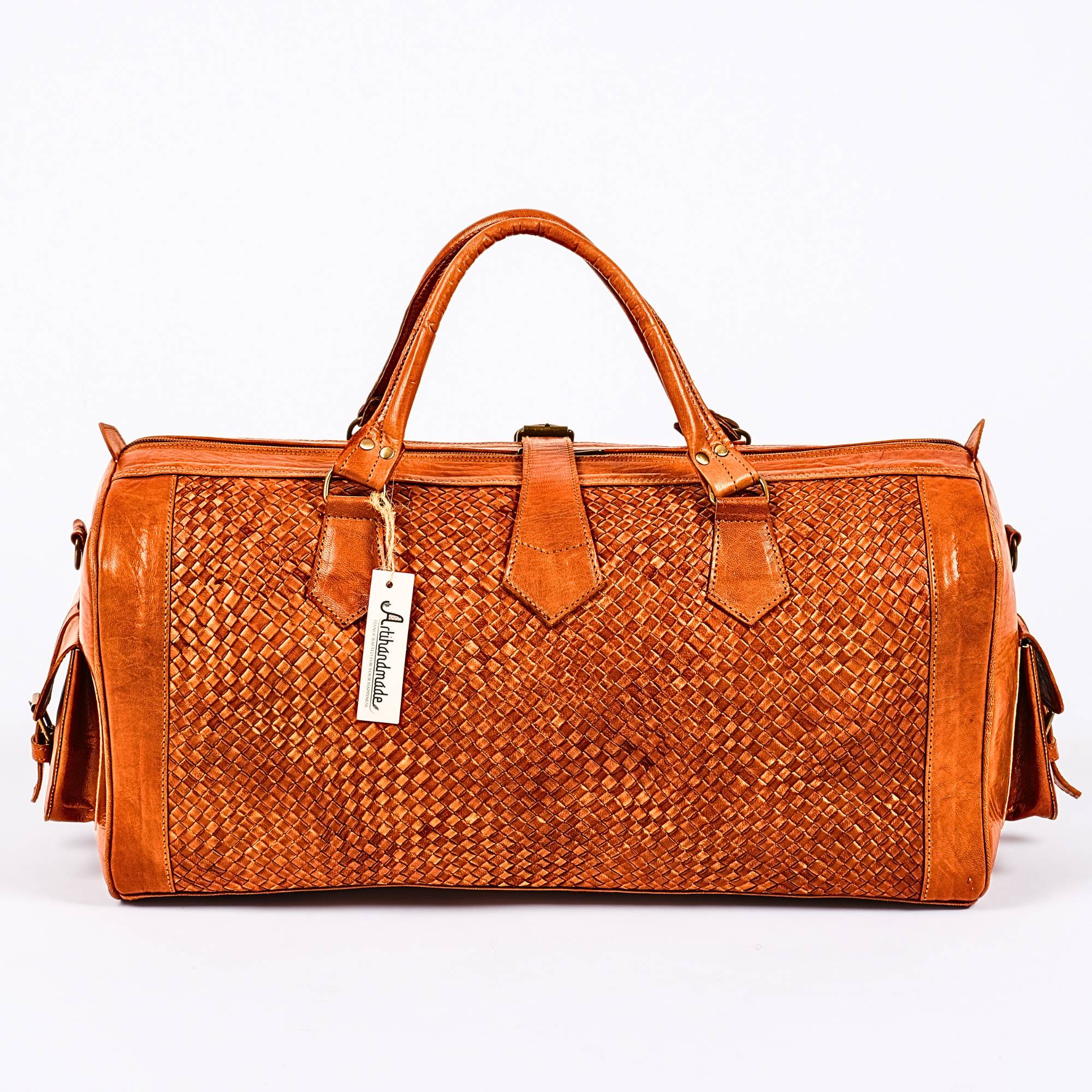 Leather Duffel Bag, Handwoven Cognac Leather, Luxury Travel Bag