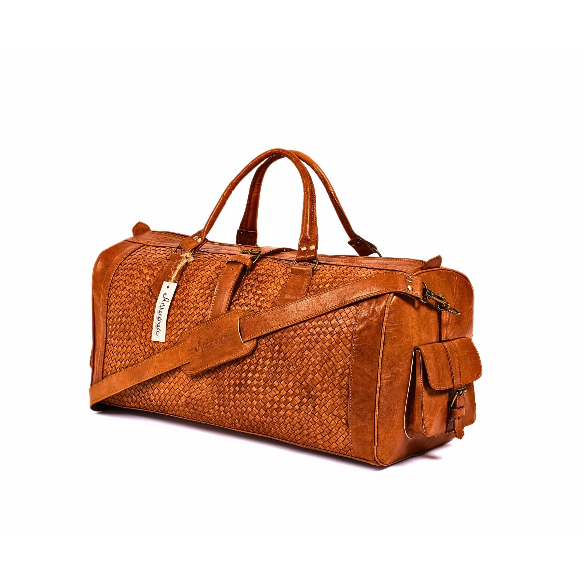 designer travel duffel bags Leather Duffel Bag, Handwoven Cognac Leather, Luxury Travel Bag, Medium