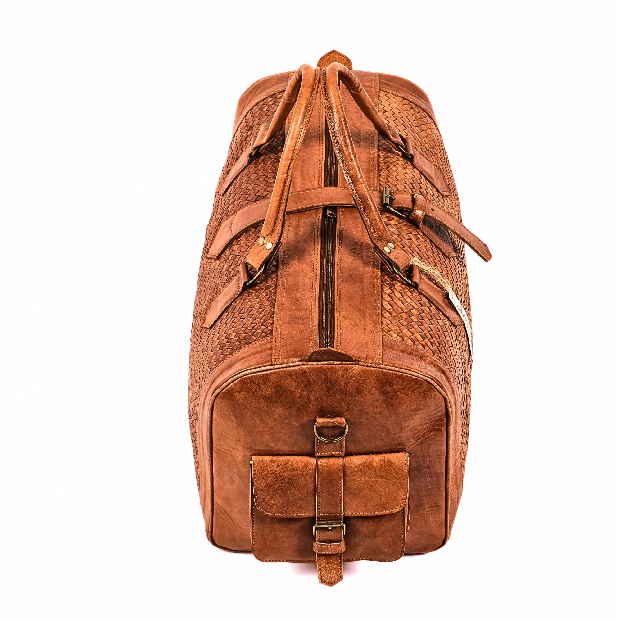 Leather Duffel Bag, Handwoven Cognac Leather, Luxury Travel Bag