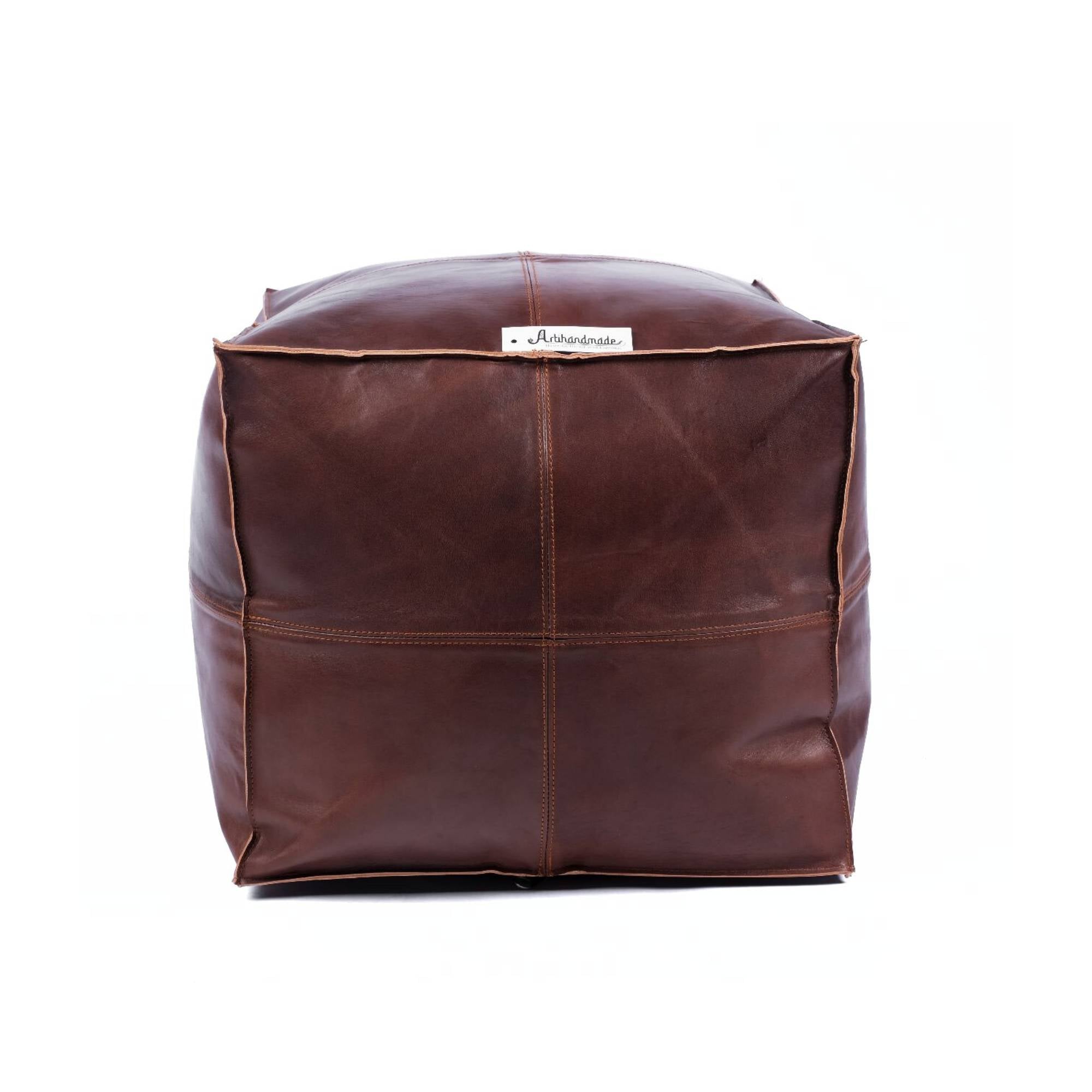 Premium Square Moroccan Dark Brown Leather Pouf
