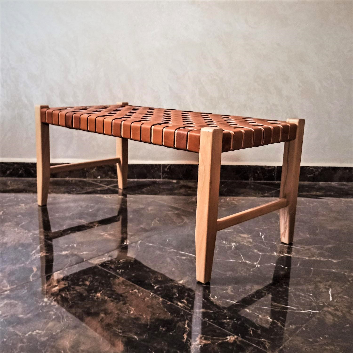 Ragnar woven leather bench Varnished Teak