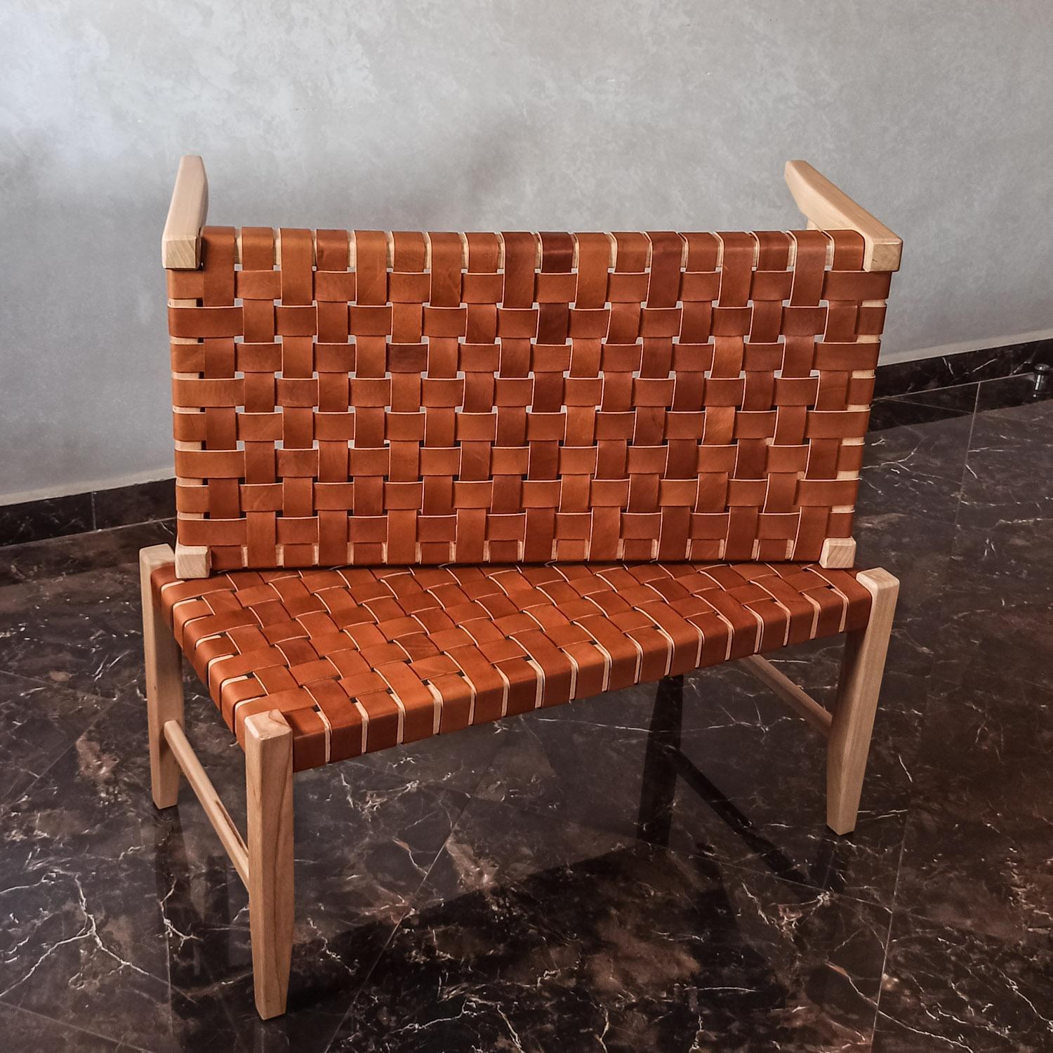 Ragnar woven leather bench Varnished Teak