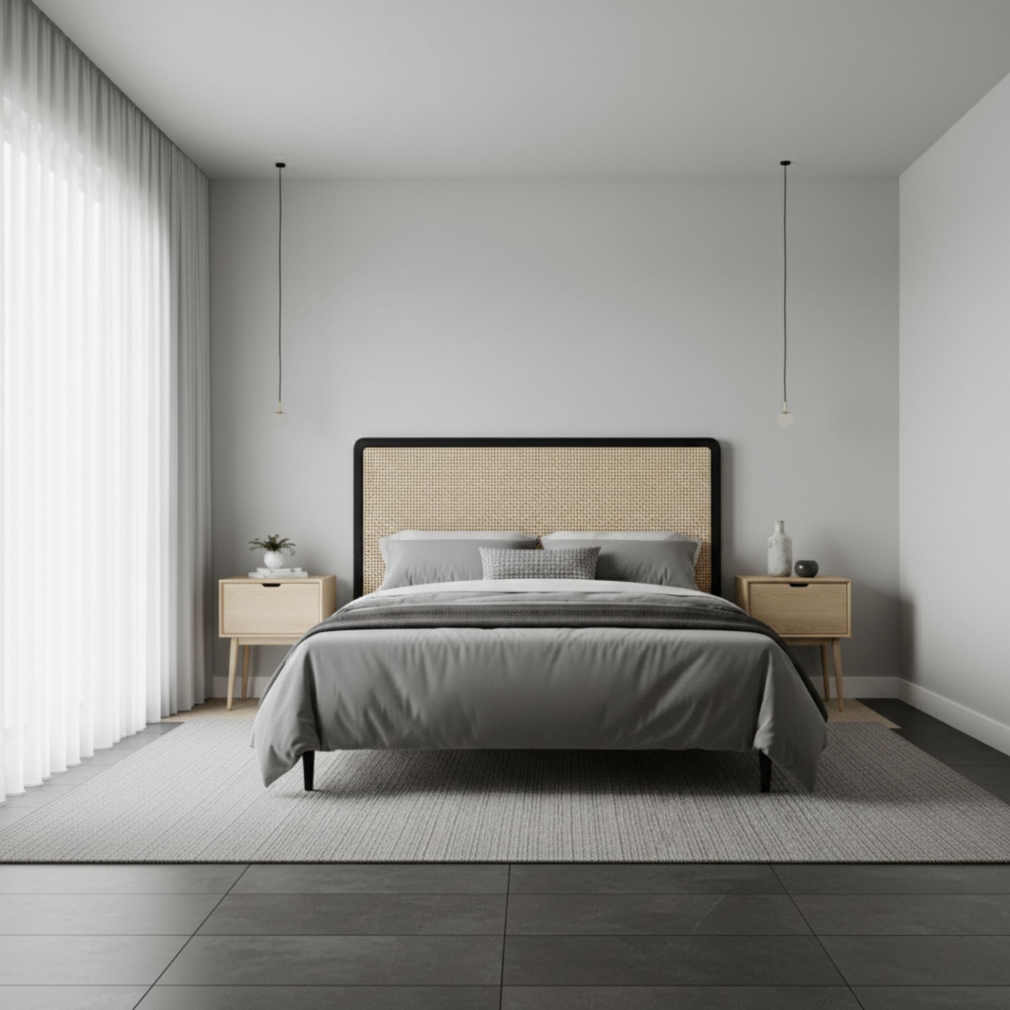 Modern rattan headboard with a bed, nightstands, and minimal decor.