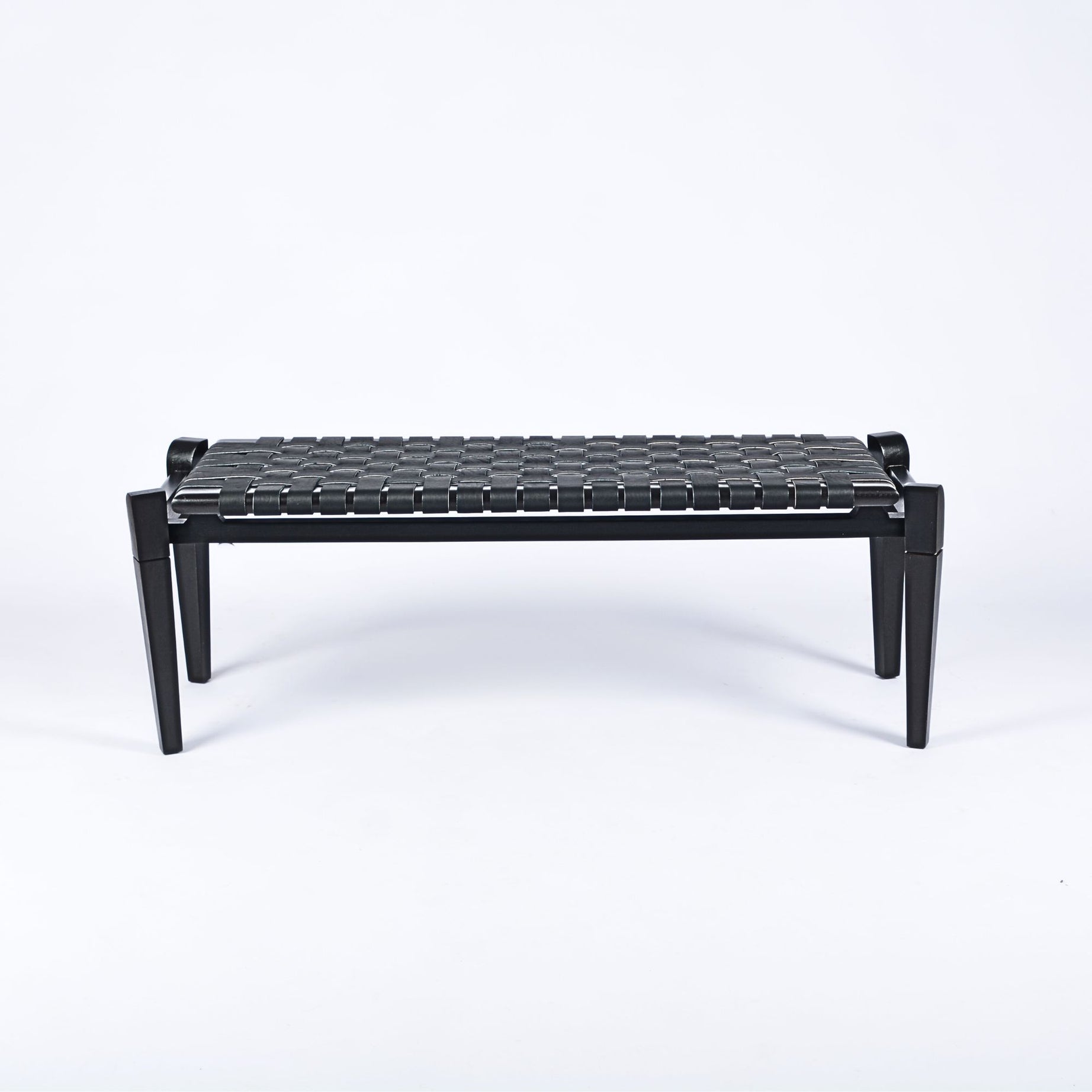 Leif Woven Leather Bench Black Teak Wood With Black Strap Leather