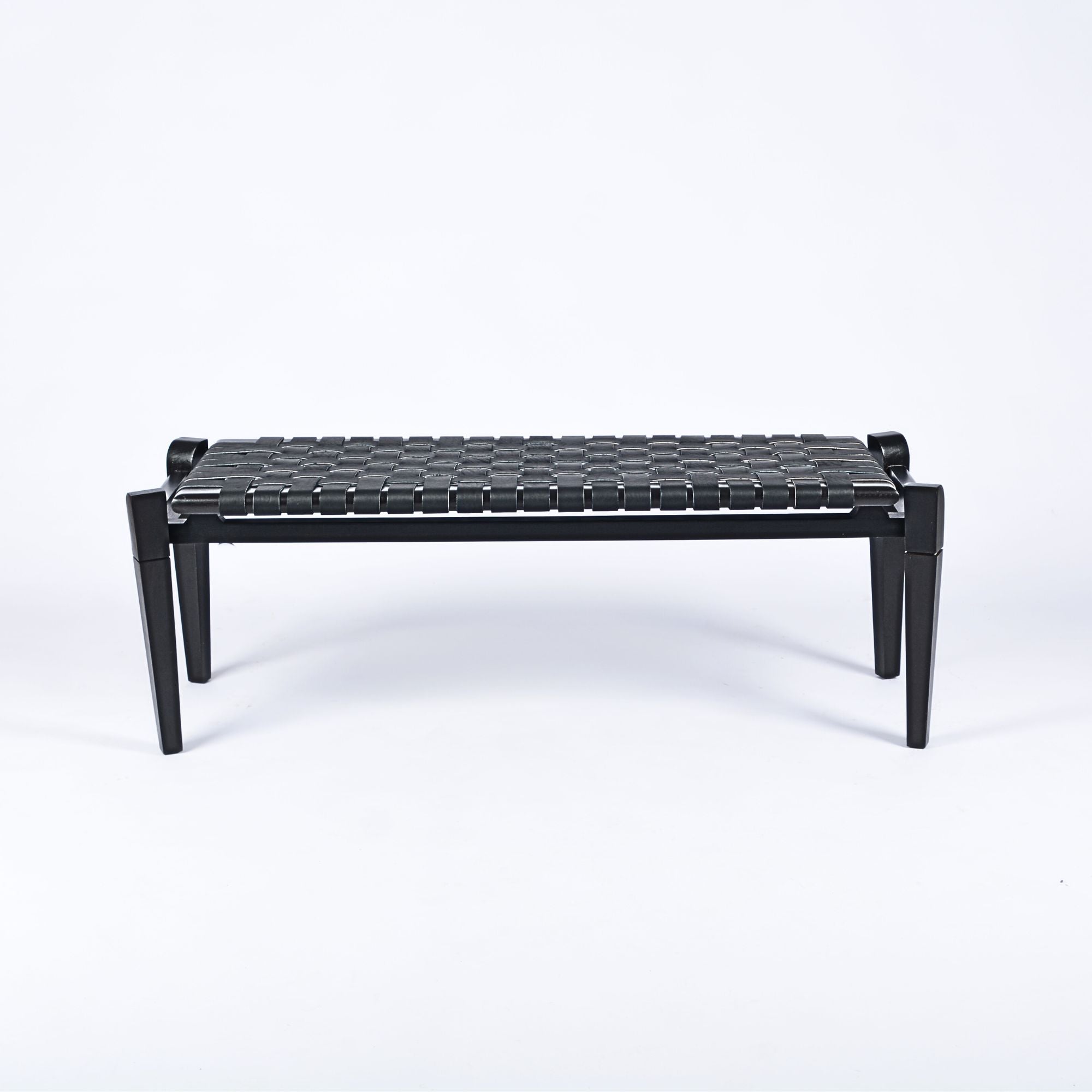 Leif Woven Leather Bench Black Teak Wood With Black Strap Leather