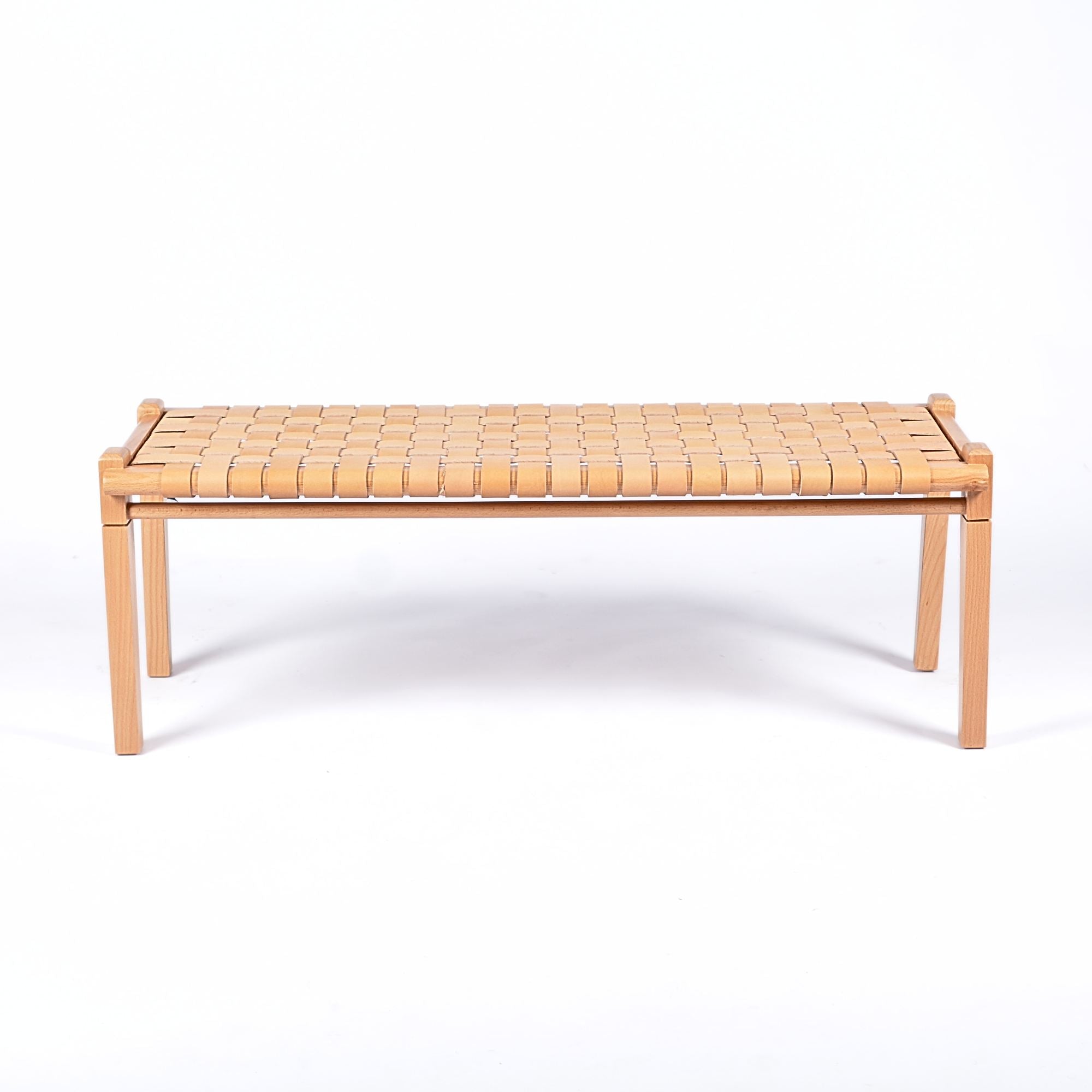woven strap leather bench - beige