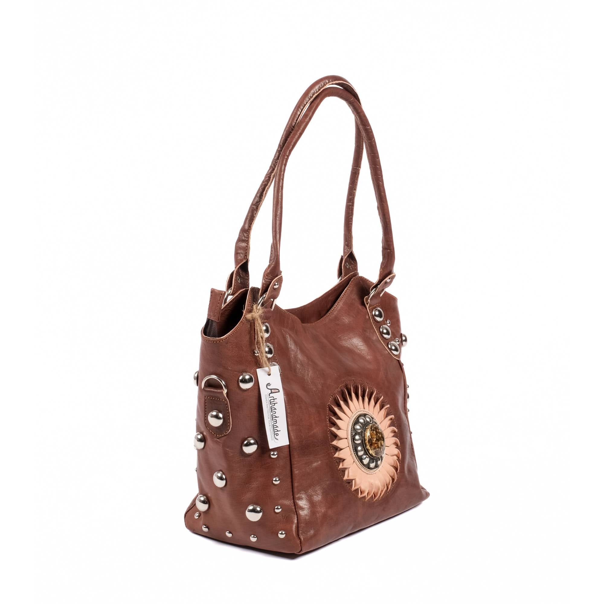 The Sun Leather Tote Bag - Brown , Natural, Cognac