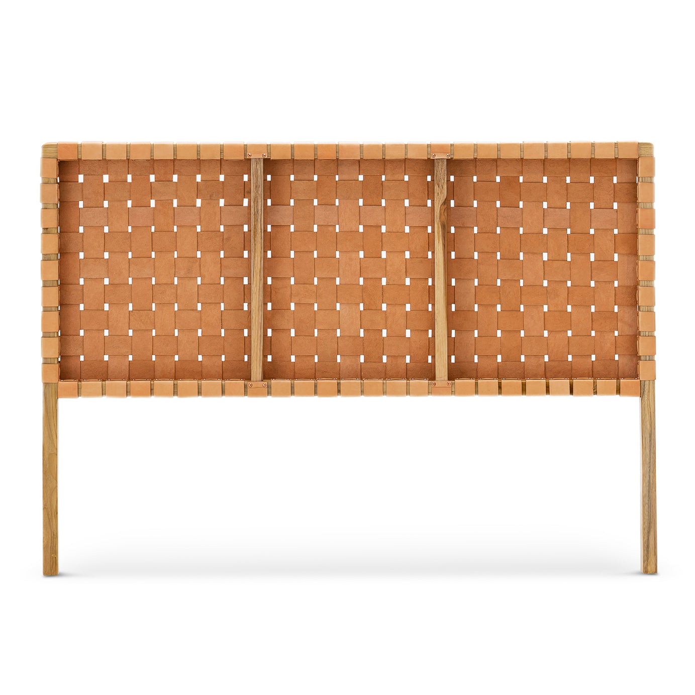 back view of Scandinavian strap woven leather headboard illustrating the uniform strap arrangement.