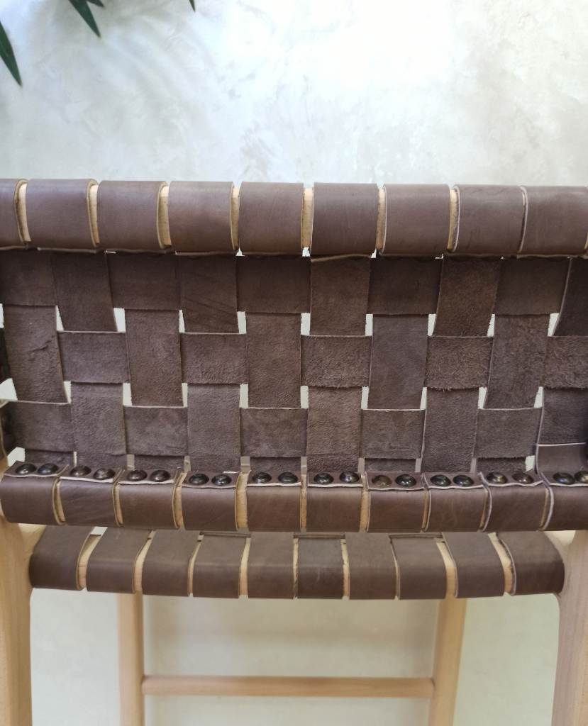 Leather Strap Counter Stool - Natural Teak Wood With Drak Brown Leather