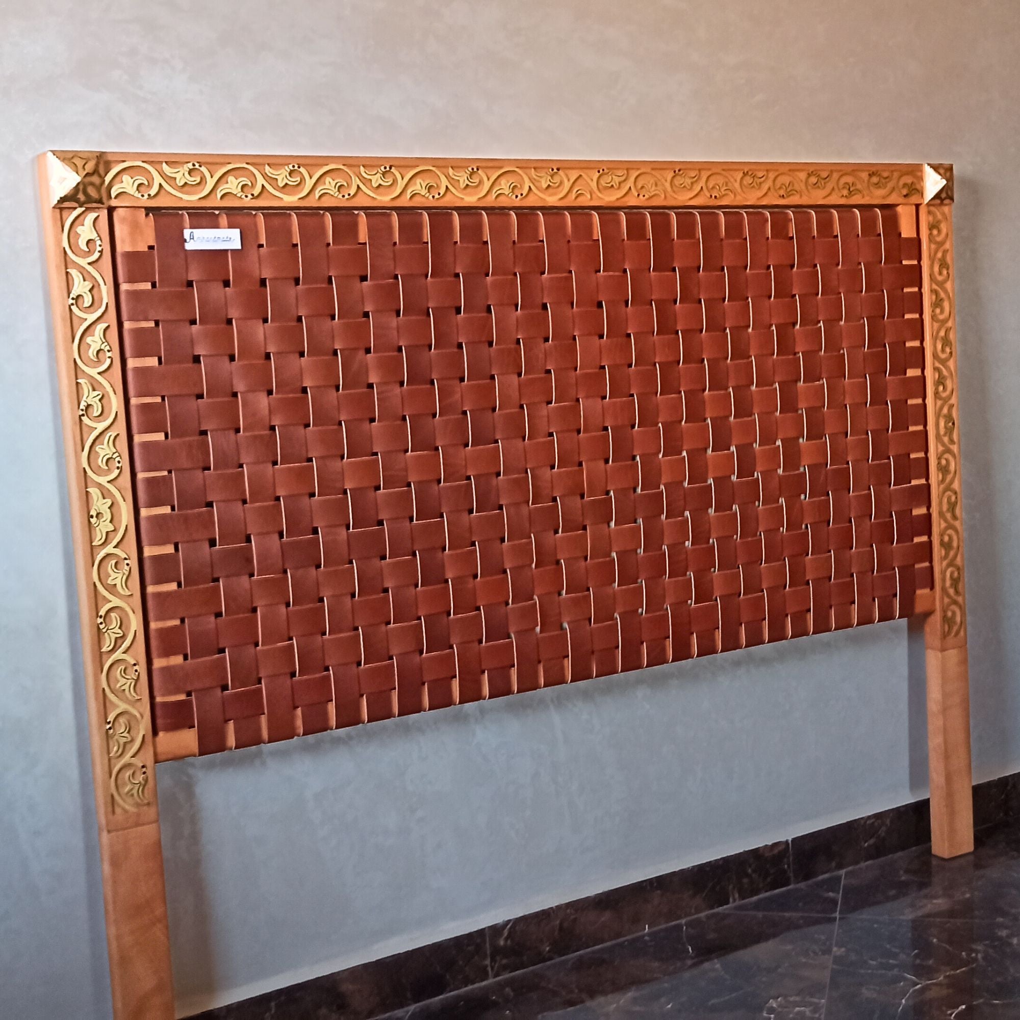 Exclusive luxury Leather Headboard - Frame Carved Leaf with Gold-painted & woven Strap leather