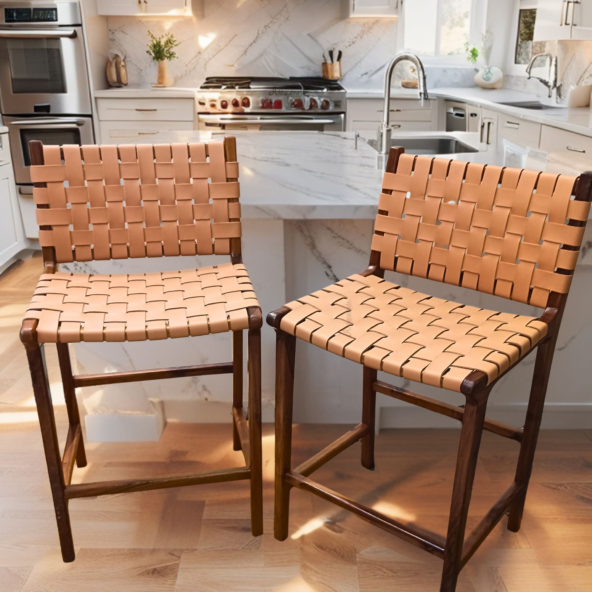 Walnut Counter Stools, Natural Teak Wood With beige Leather.