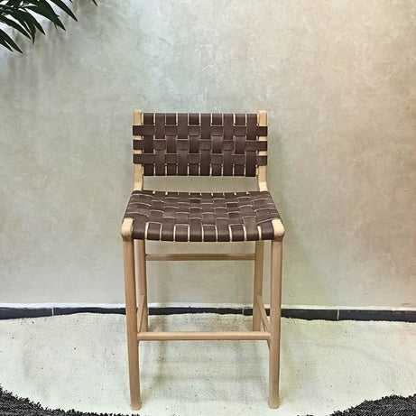 Leather Strap Counter Stool - Natural Teak Wood With Drak Brown Leather
