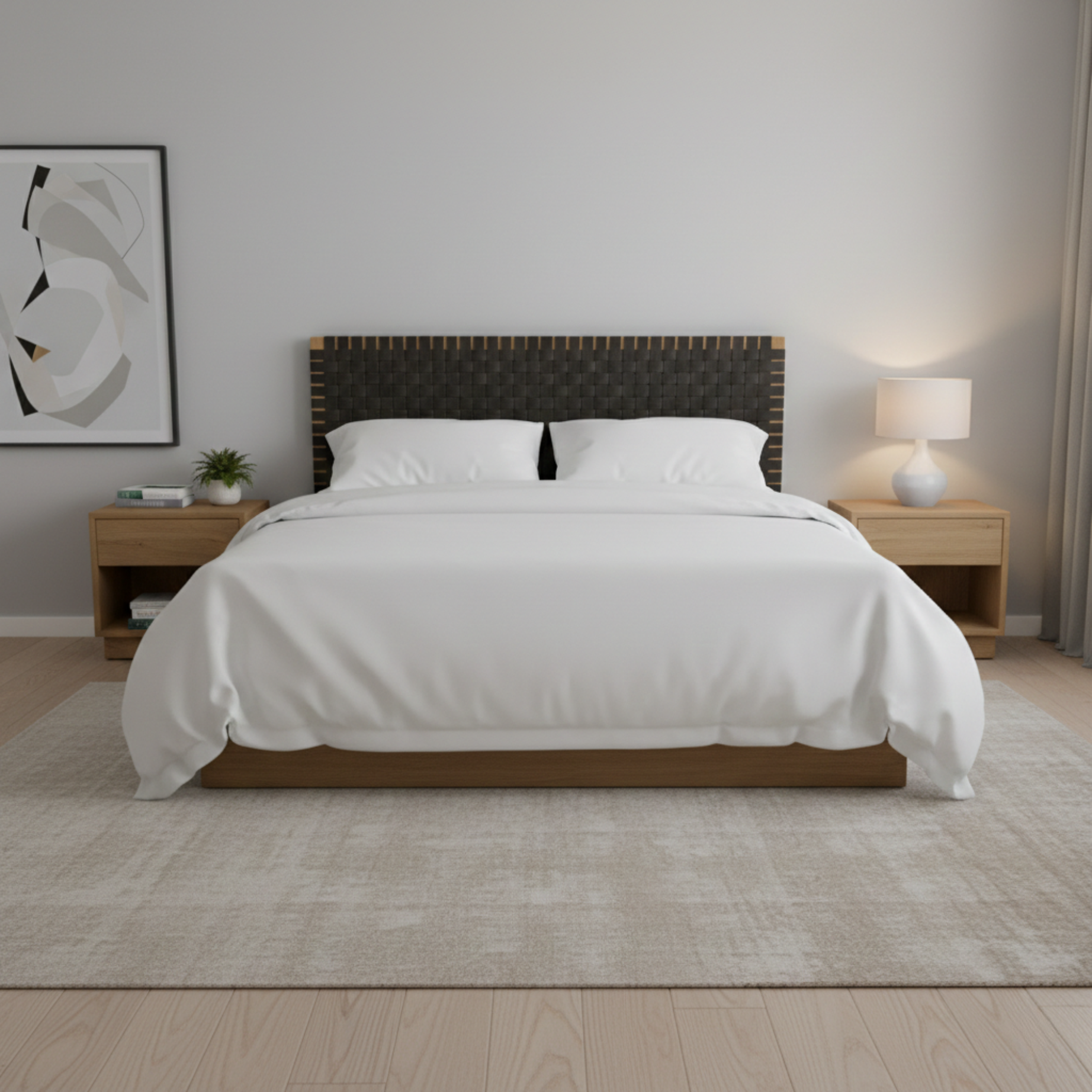 Bedroom with a bed, nightstands, and decor elements.