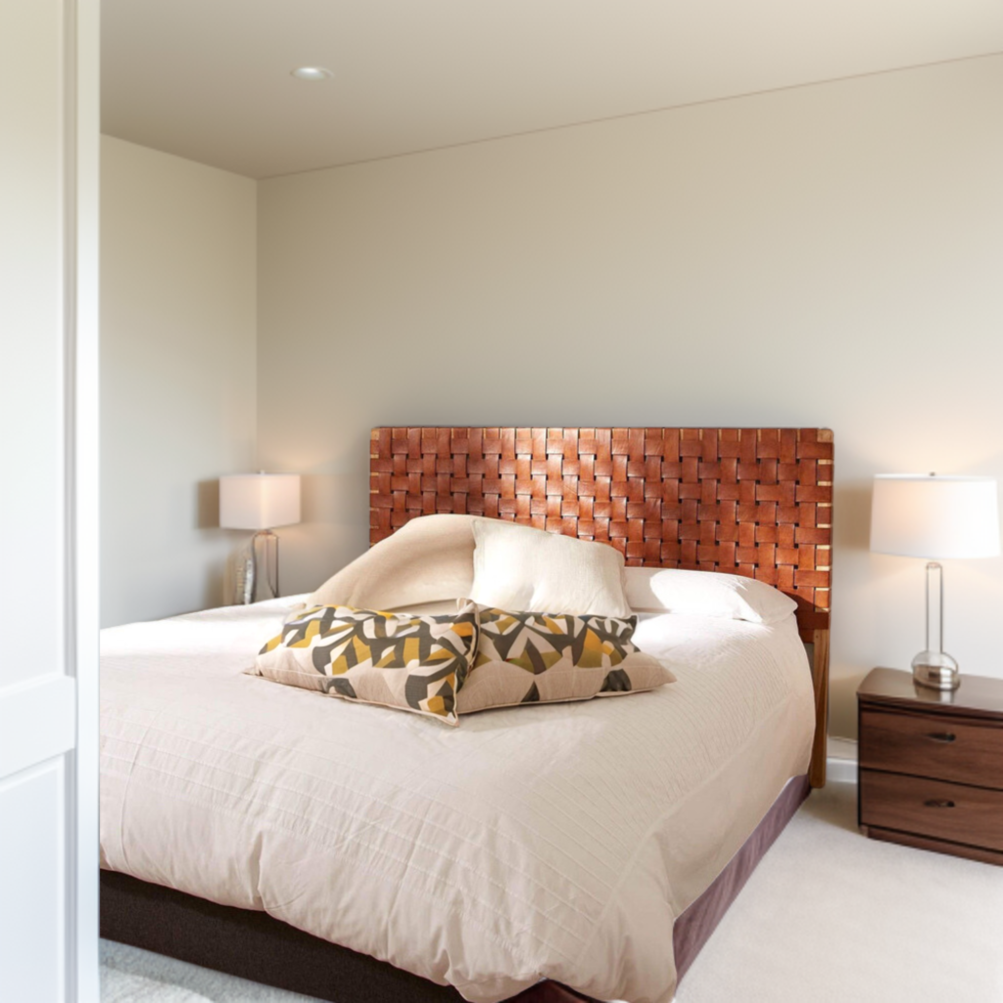 Front view of an artisan strap woven leather Bohemian headboard showcasing handcrafted design elements king Headboard.