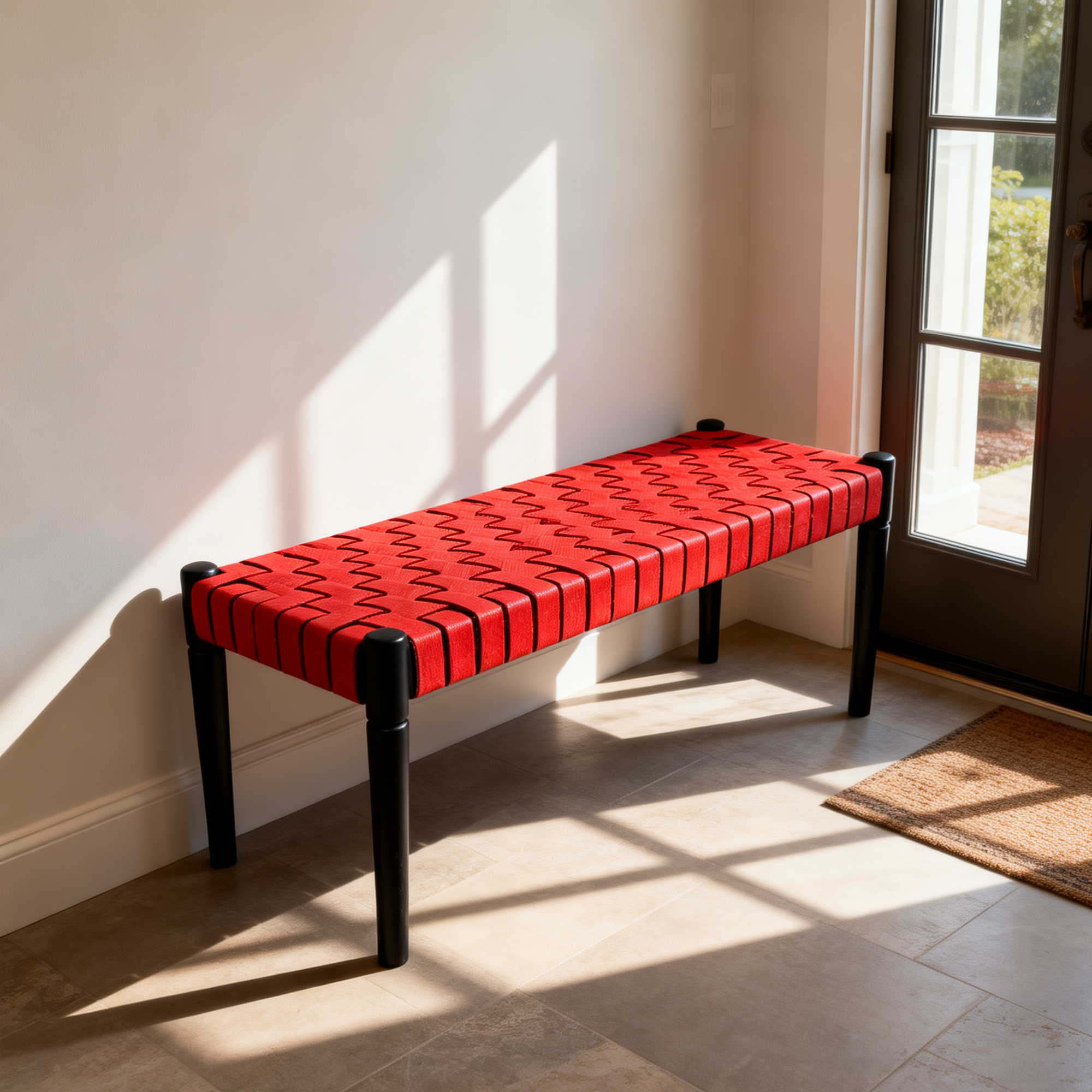 Red leather bench with black legs in a sunlit room