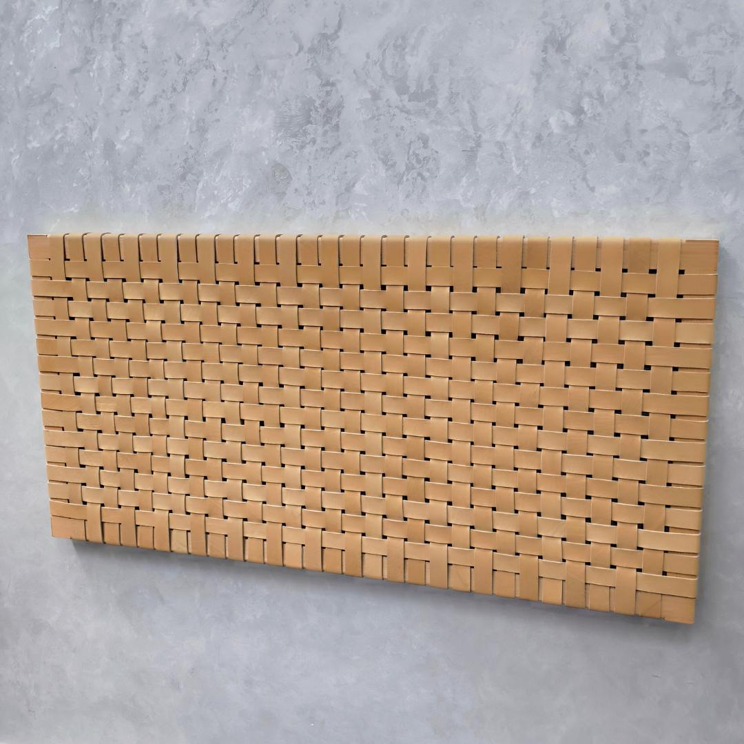 Handcrafted woven strap leather headboard, full view showcasing artisanal design and premium natural leather details.