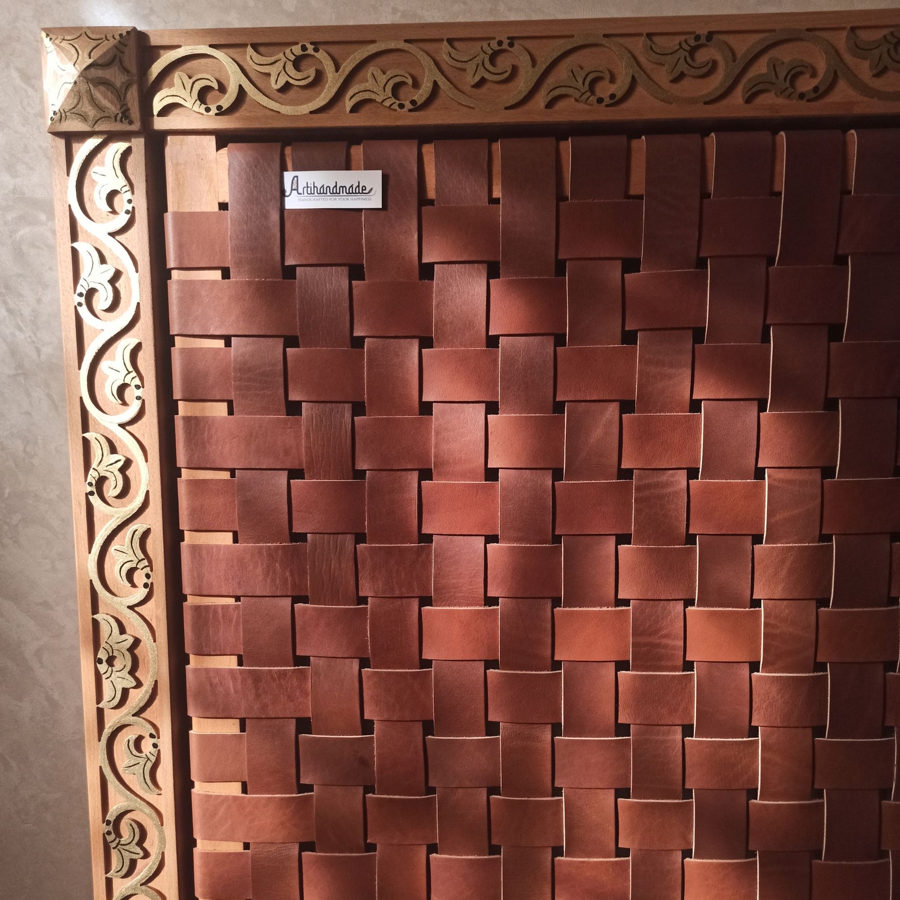 Exclusive luxury Leather Headboard - Frame Carved Leaf with Gold-painted & woven Strap leather