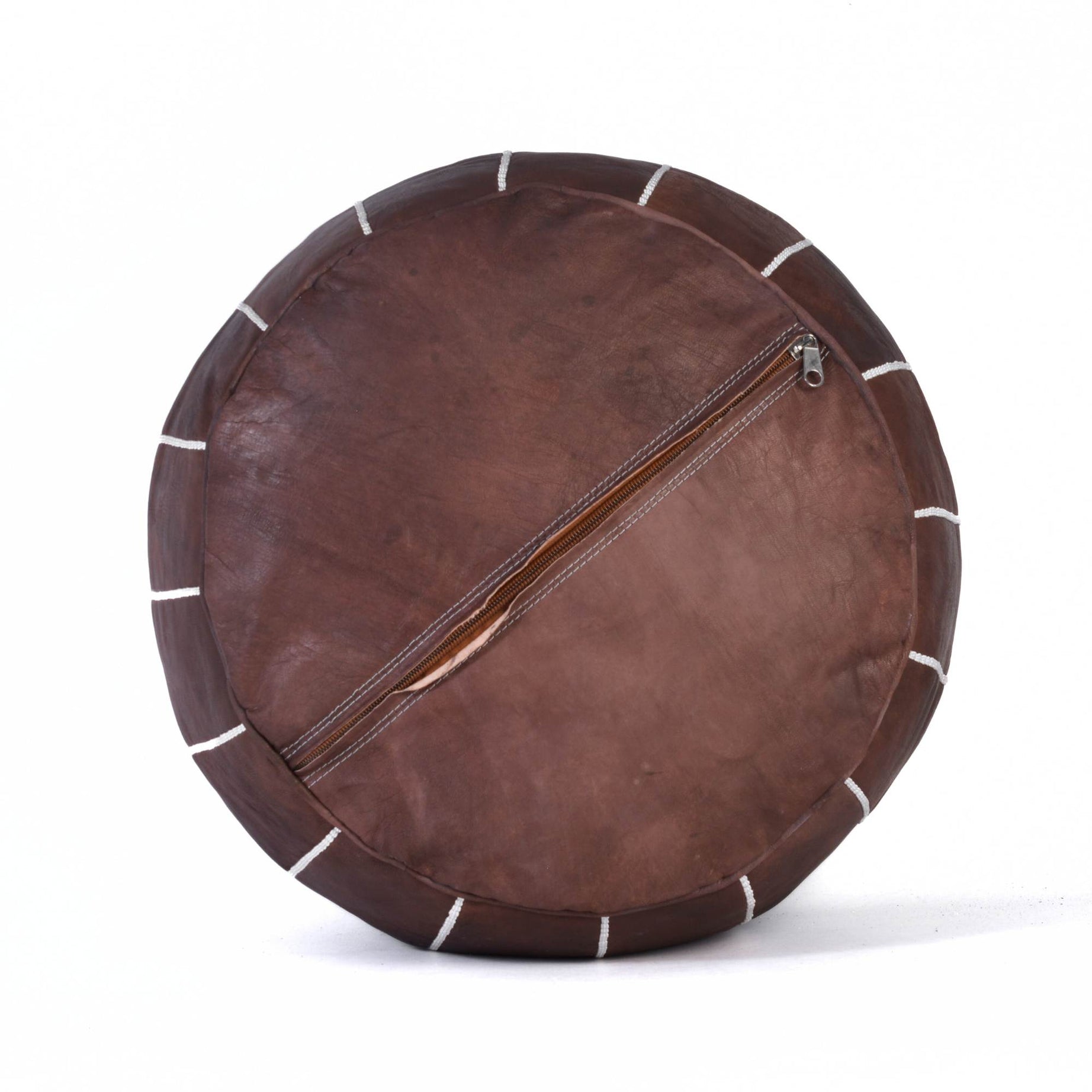 Hand-stitched Embroidery Genuine Leather Ottoman Pouf - Brown