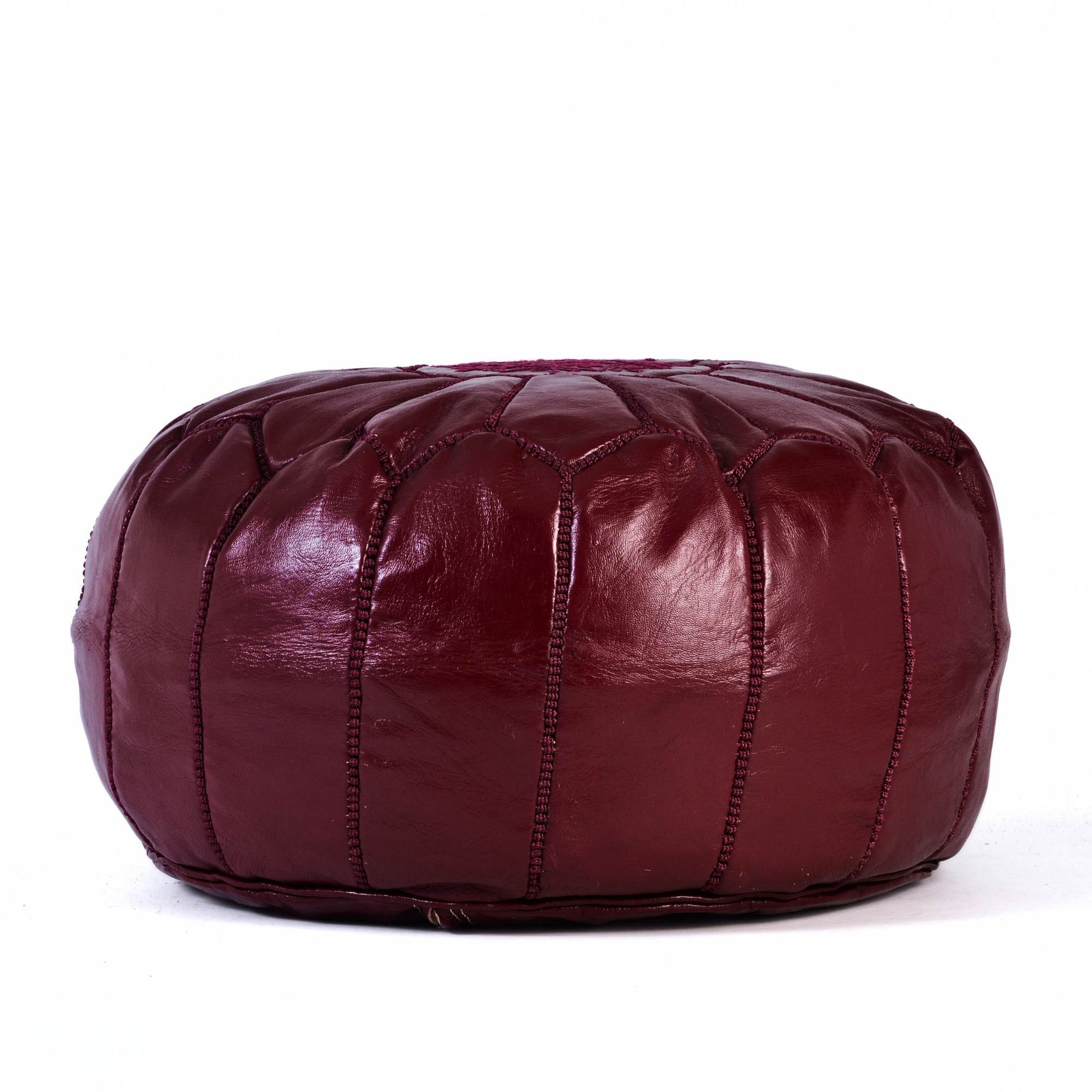Hand-stitched Embroidery Genuine Leather Ottoman Pouf - burgundy