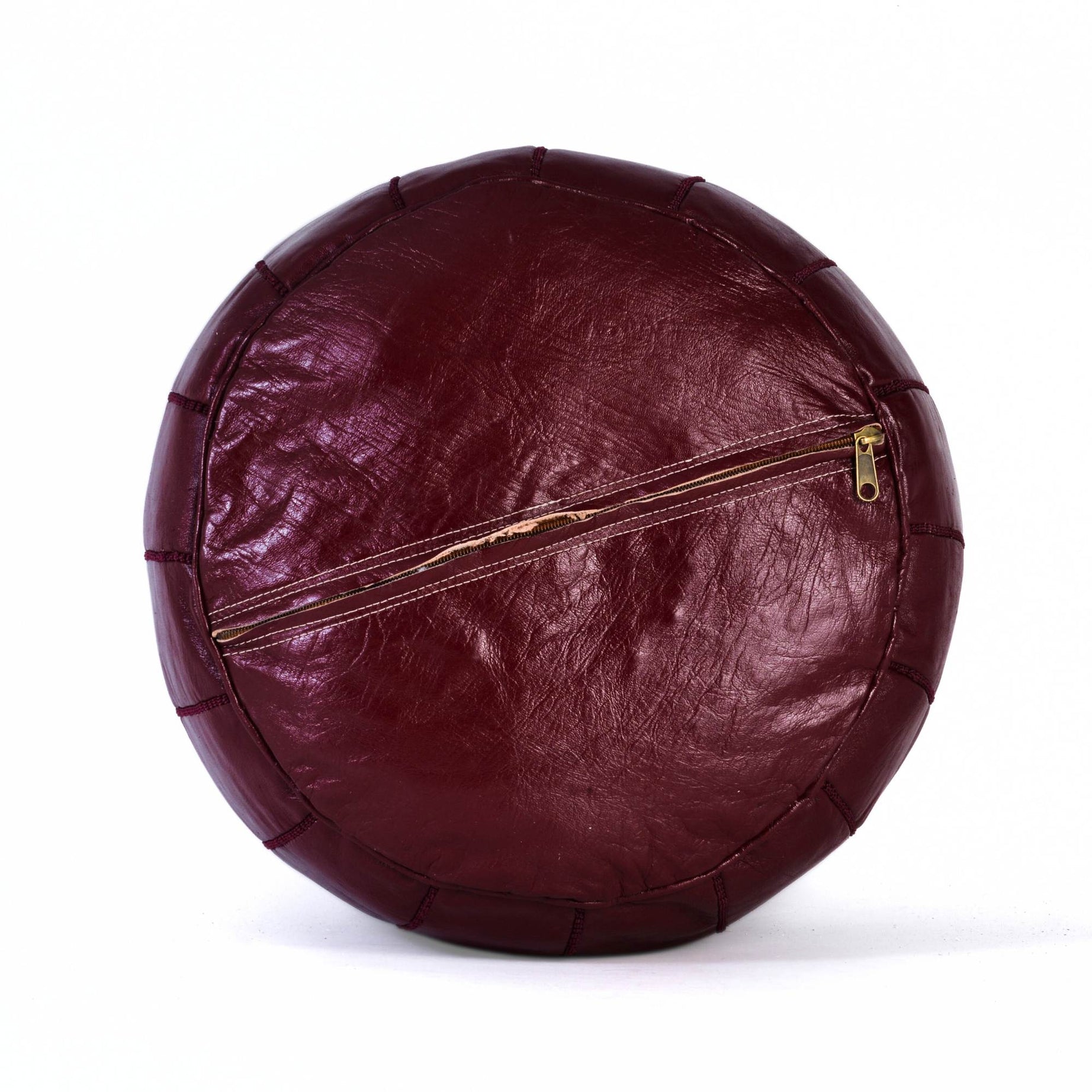 Hand-stitched Embroidery Genuine Leather Ottoman Pouf - burgundy