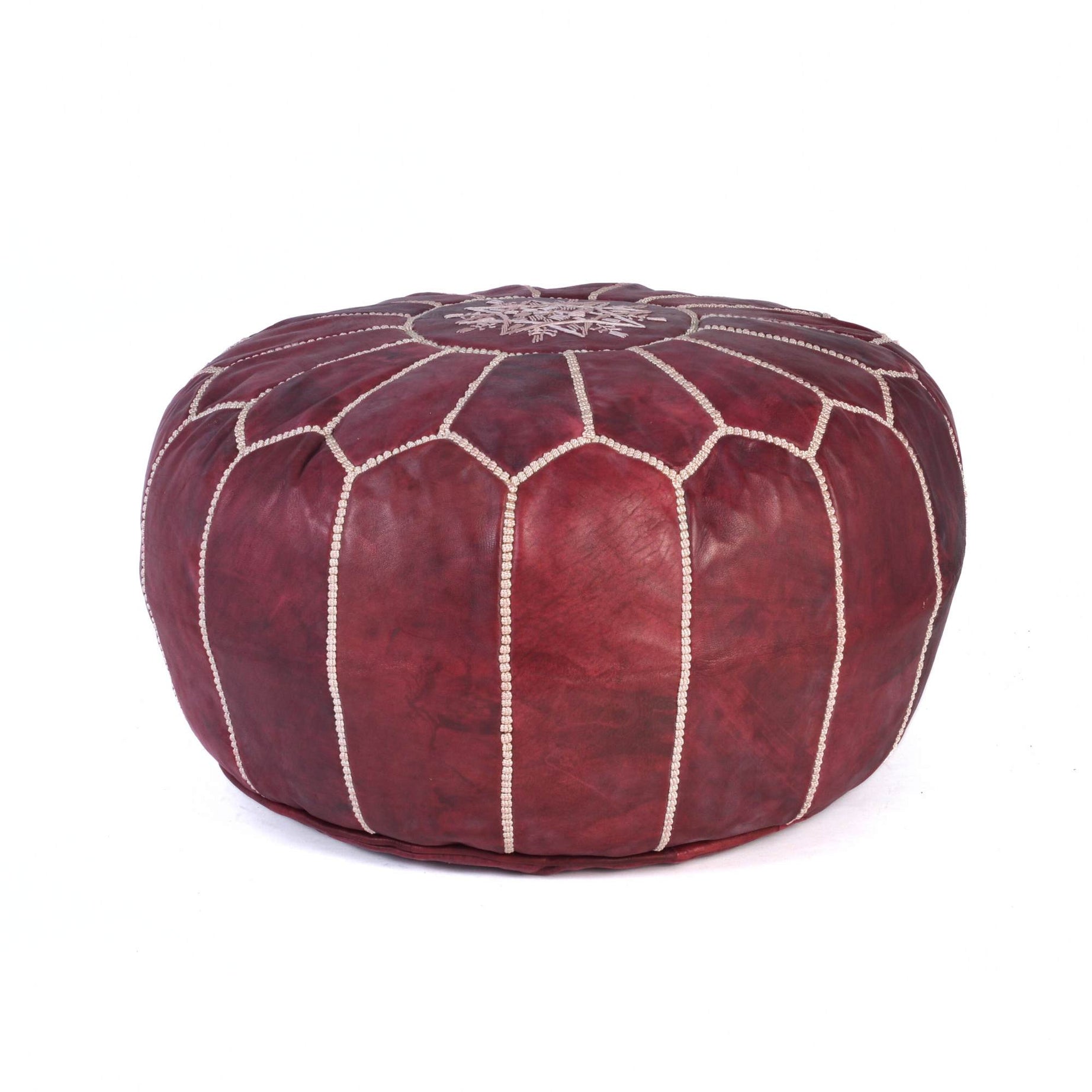 Hand-stitched Embroidery Genuine Leather Ottoman Pouf - Best Burgundy