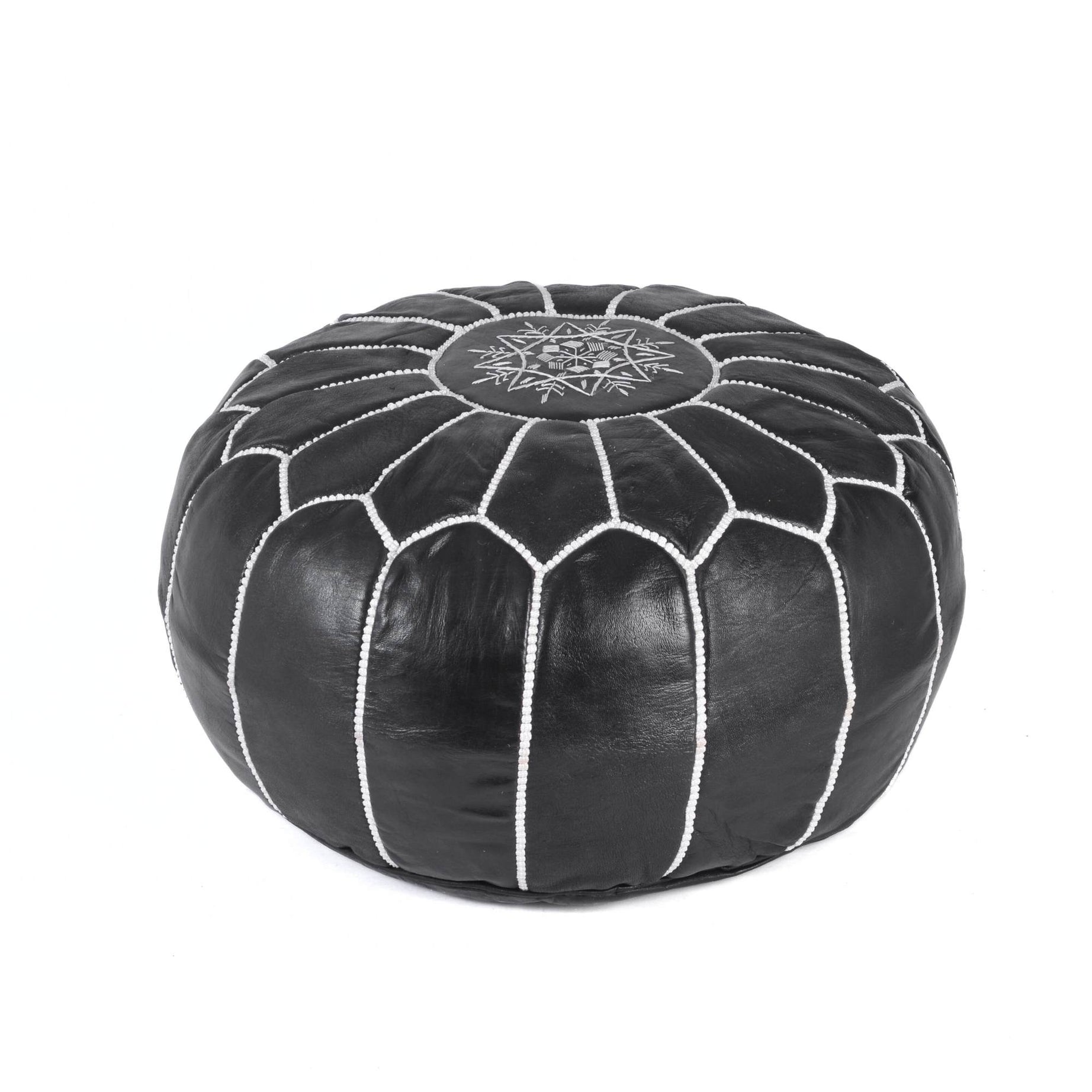 Hand-stitched Embroidery Genuine Leather Ottoman Pouf - Black