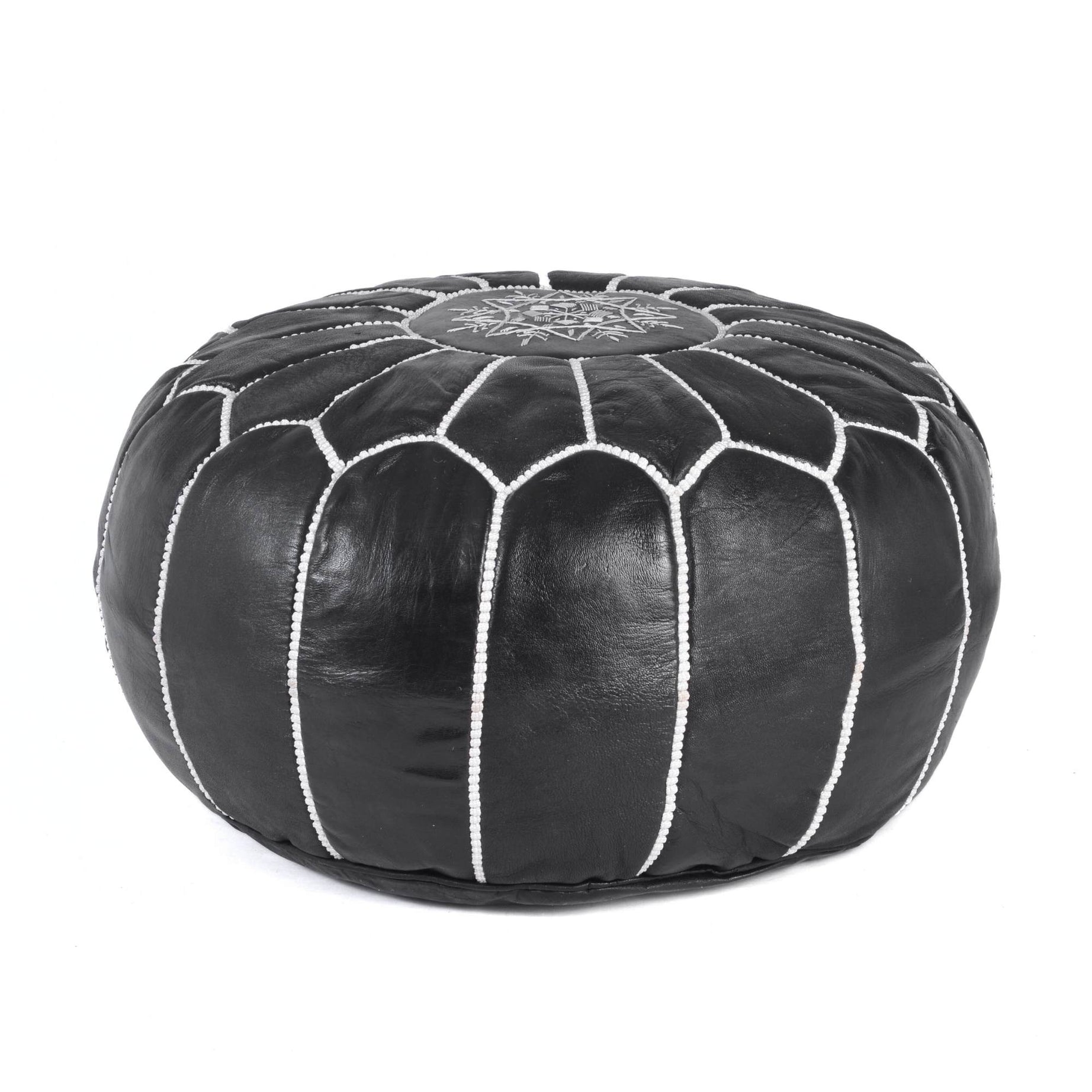 Hand-stitched Embroidery Genuine Leather Ottoman Pouf - Black