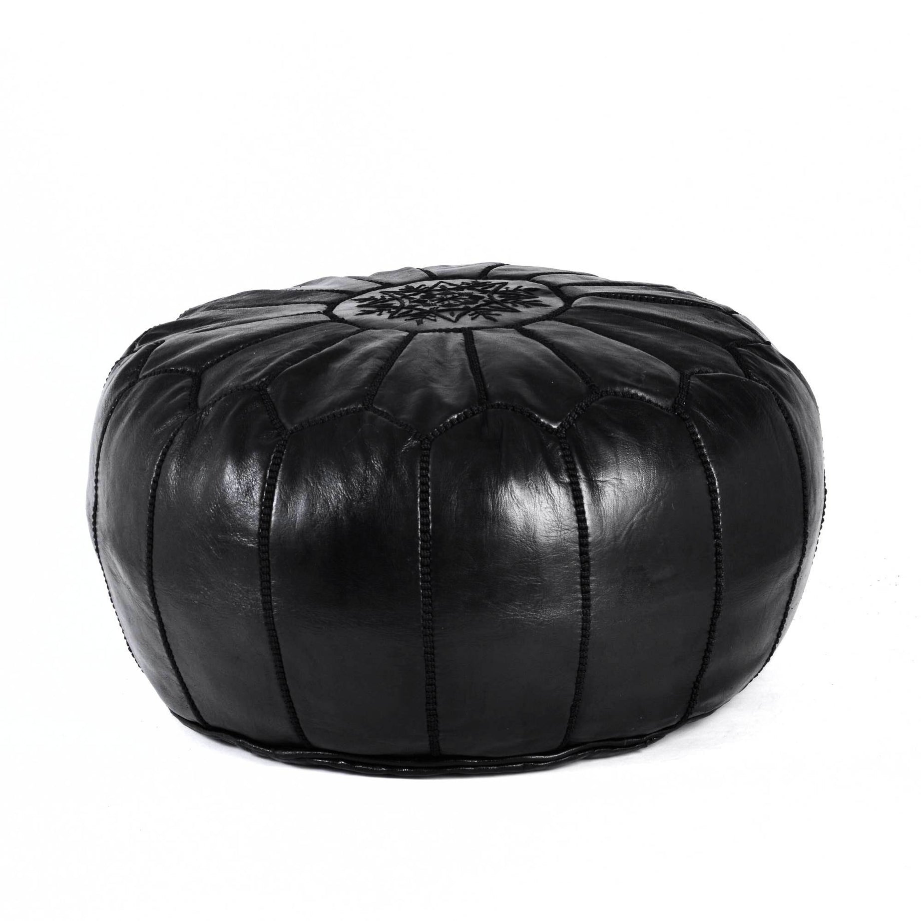 Hand-stitched Embroidery Genuine Leather Ottoman Pouf - Black 2