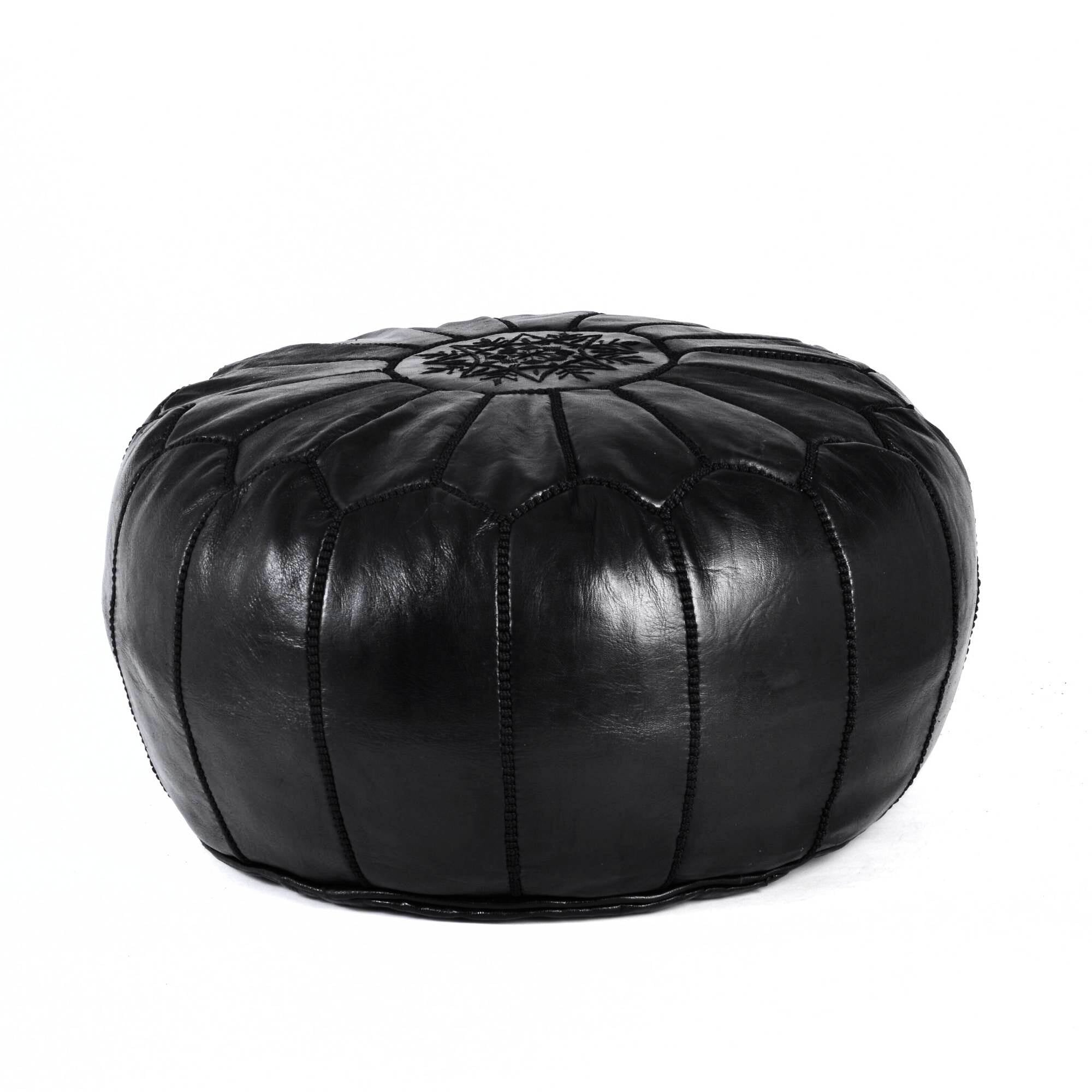 Hand-stitched Embroidery Genuine Leather Ottoman Pouf - Black 2