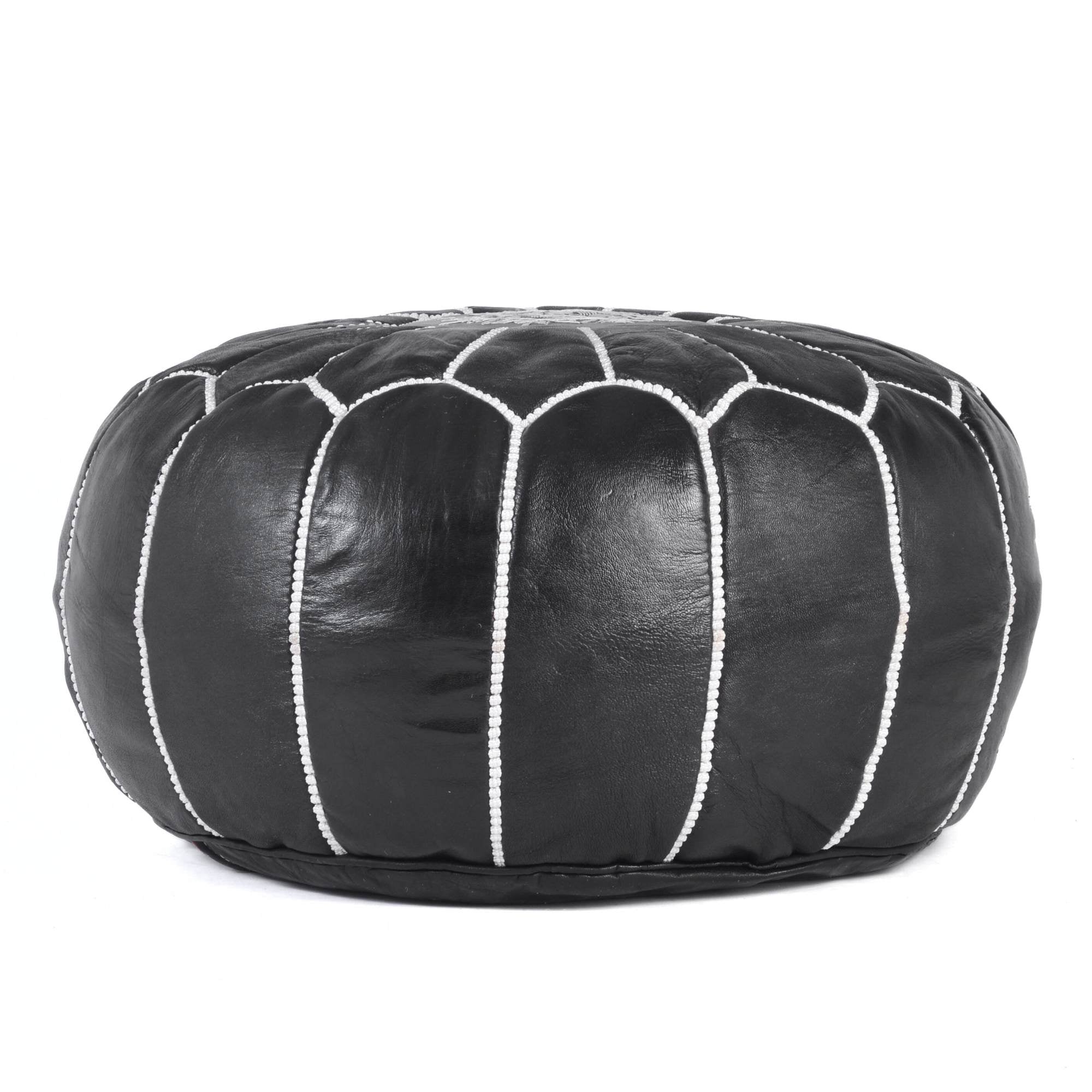 Handstitched Embroidery Genuine Leather Ottoman Pouf Black