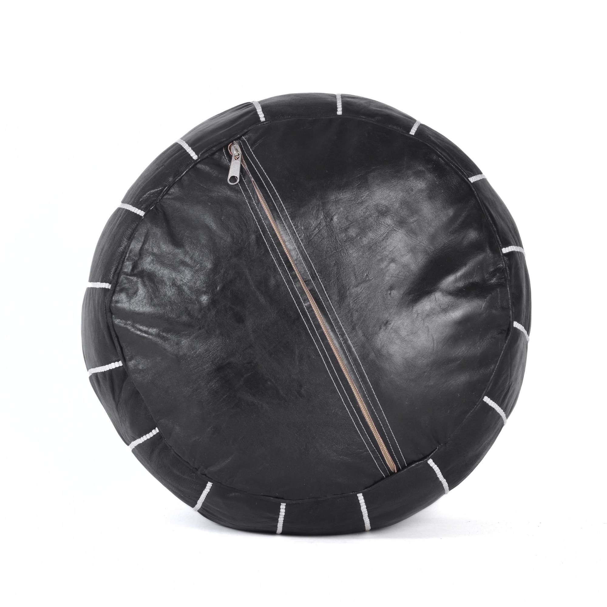 Handstitched Embroidery Genuine Leather Ottoman Pouf Black