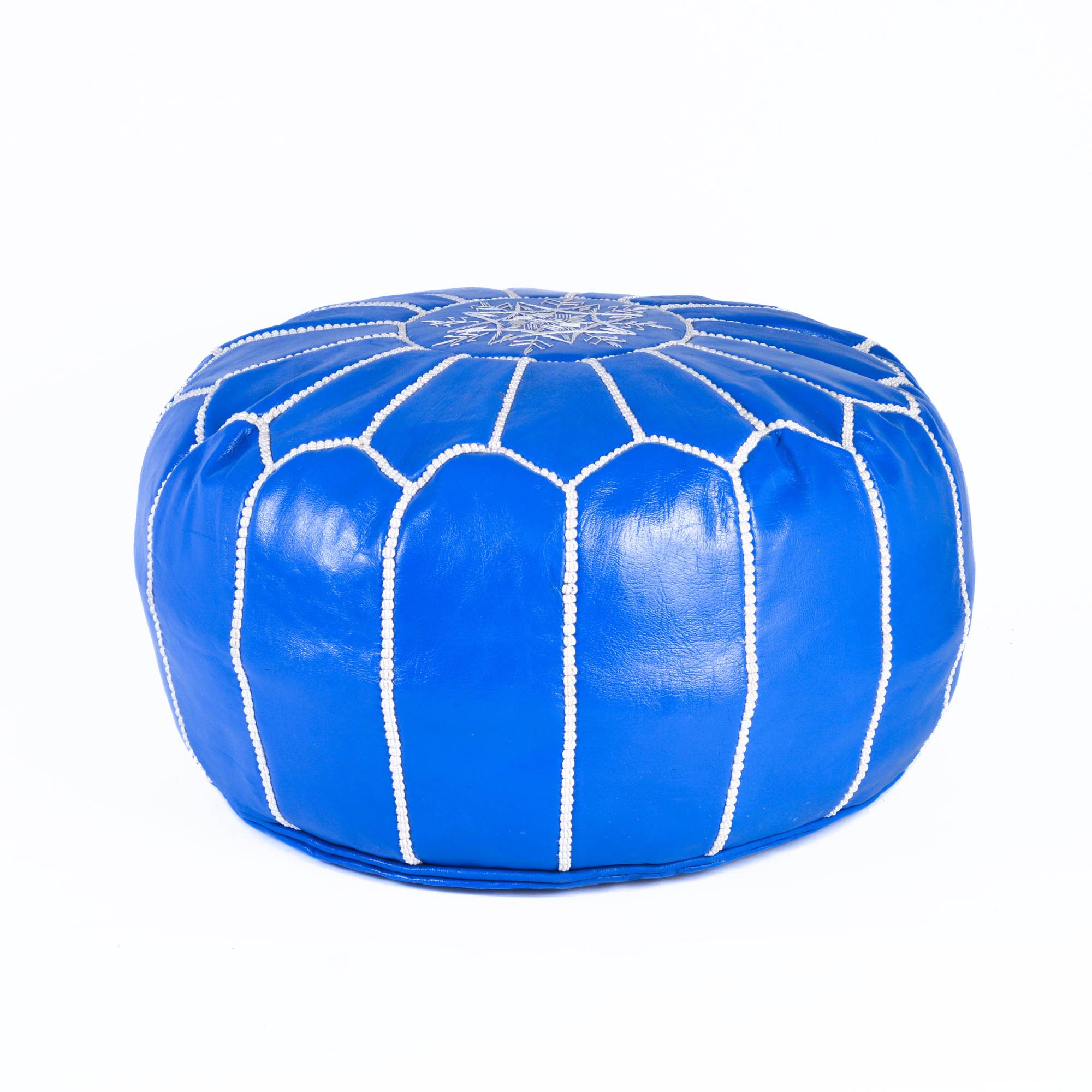 Hand-stitched Embroidery Genuine Leather Ottoman Pouf - Blue