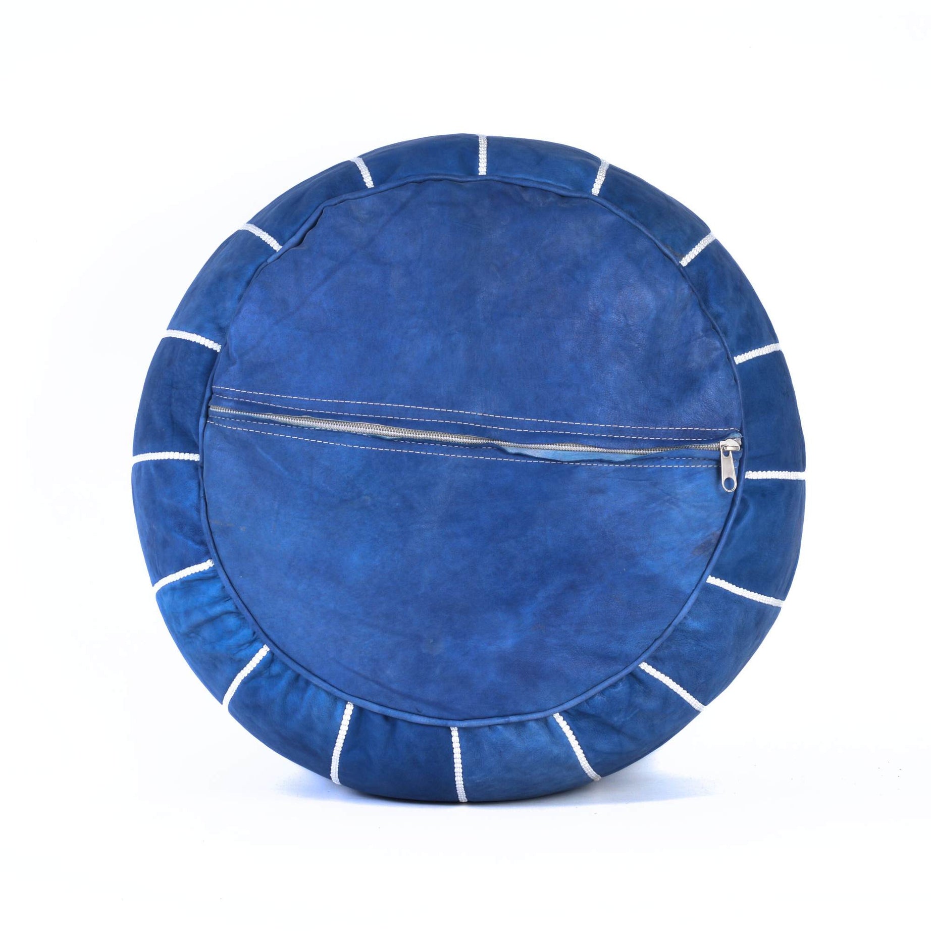 Hand-stitched Embroidery Genuine Leather Ottoman Pouf - Blue jeans