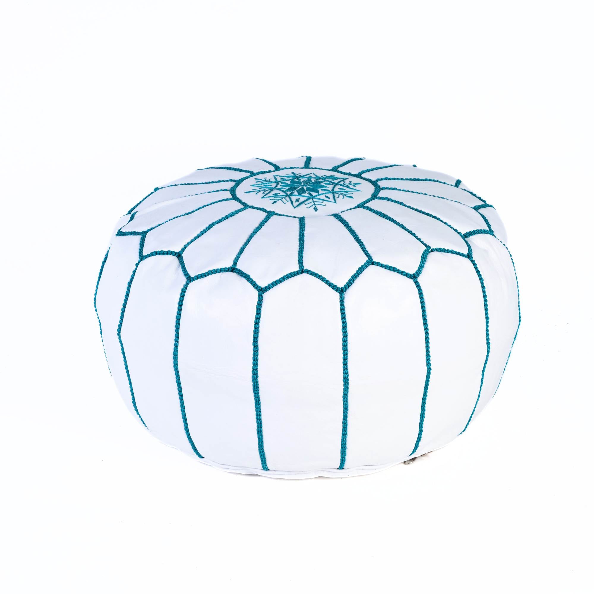 Hand-stitched Embroidery Genuine Leather Ottoman Pouf - Blue Sky